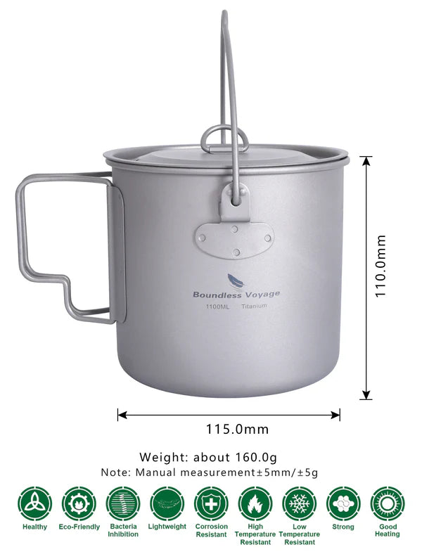 Boundless Voyage 1100ml Pure Titanium Hanging Pot with Lid | 37oz Ultralight Single-Wall Bushcraft Cookpot with Bail & Foldable Handle, Compatible with Open Fire & Camping Stove Ti3041D
