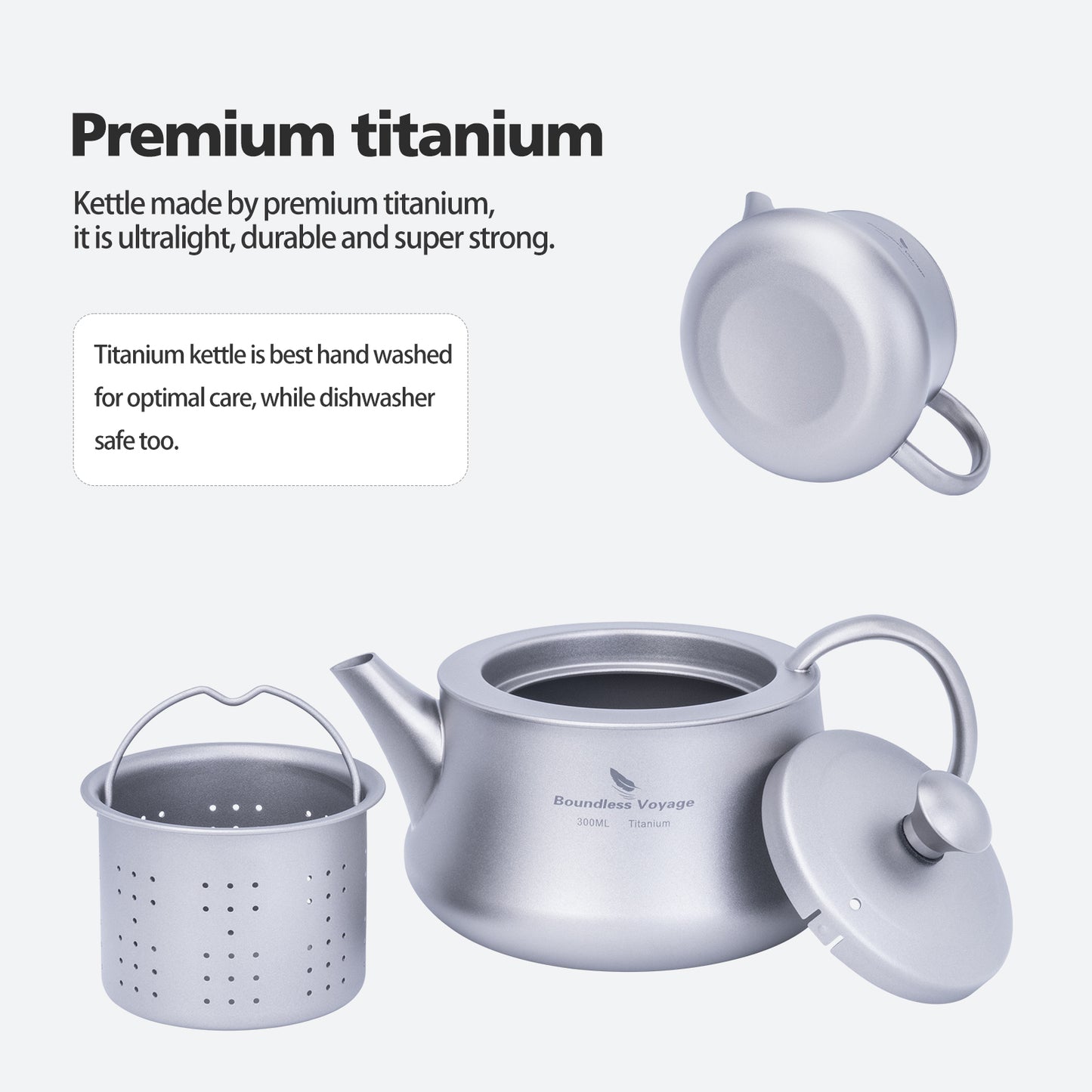 Boundless Voyage 300ml Titanium Teapot, Ultralight Portable Reusable Travel Water Pot, Compact Drinkware for Home Office, Outdoor Camping, Hiking & Picnic Ti3118D/Ti3119D