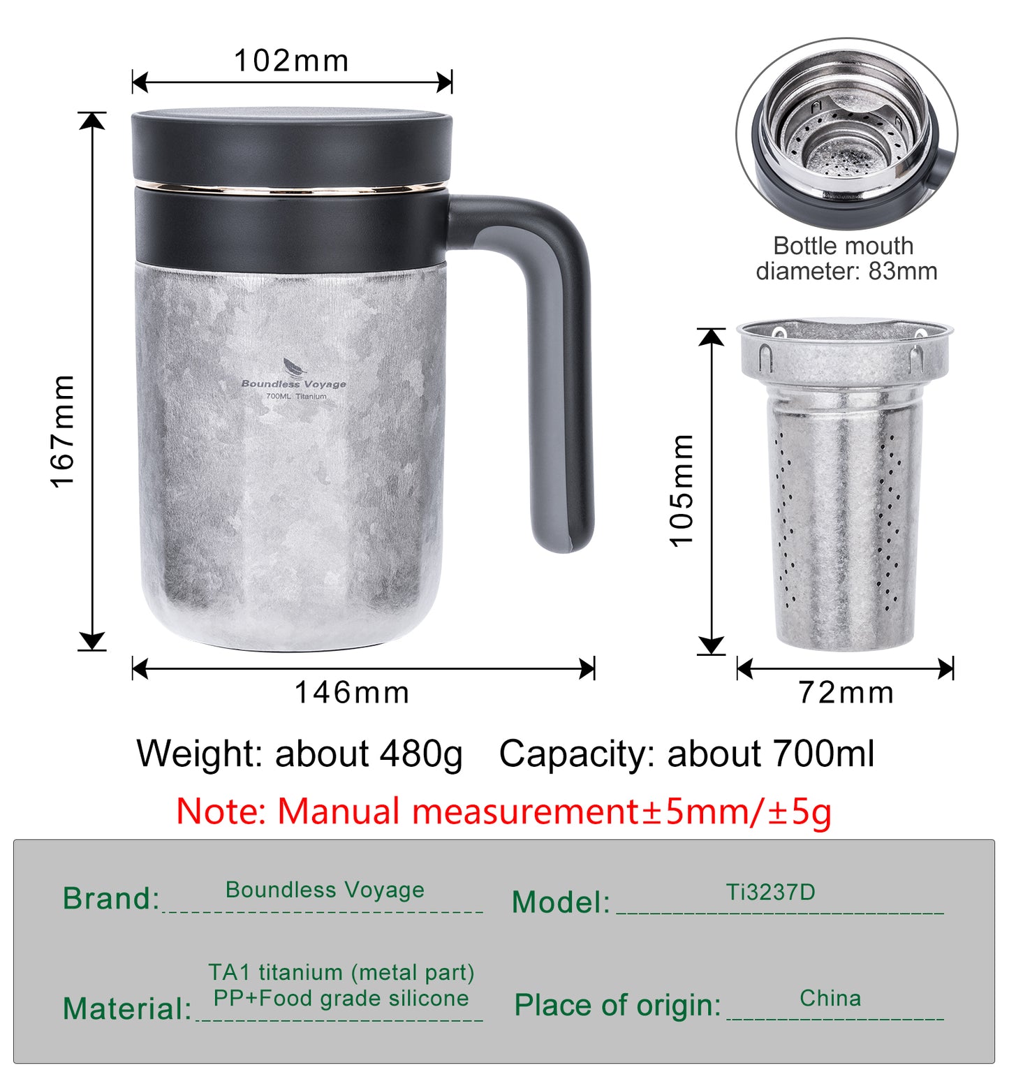 Boundless Voyage 700ml Pure Titanium Double Wall Insulated Cup with Lid & Coffee Filter, Portable Reusable Travel Mug, Keeps Hot & Cold Drinks Ti3237D