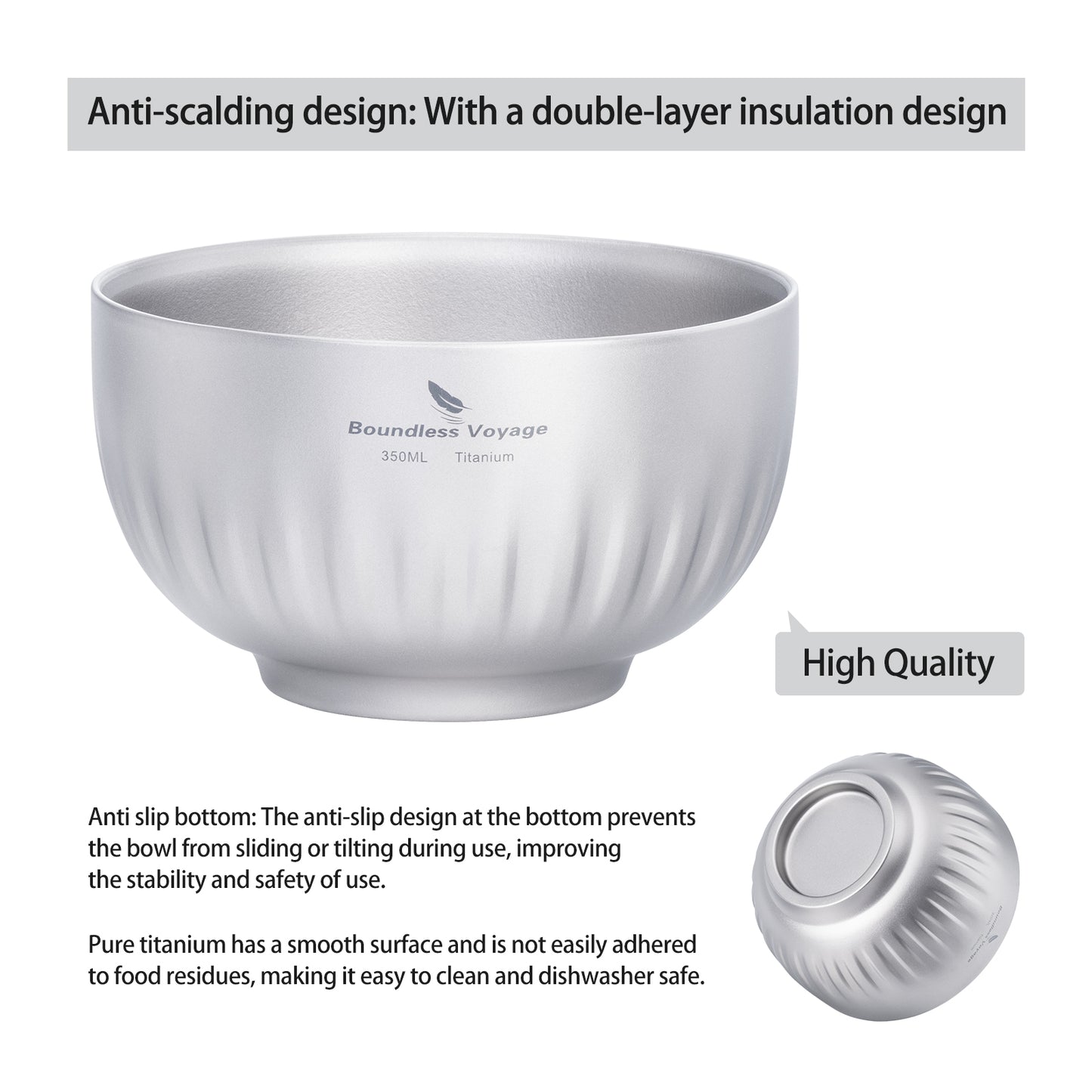 Boundless Voyage Double Walled Pure Titanium Bowl 350ml / 500ml | Ultralight Portable Metal Tableware for Oatmeal, Rice, Soup, Camping & Outdoor Use Ti1164T-Ti1166T