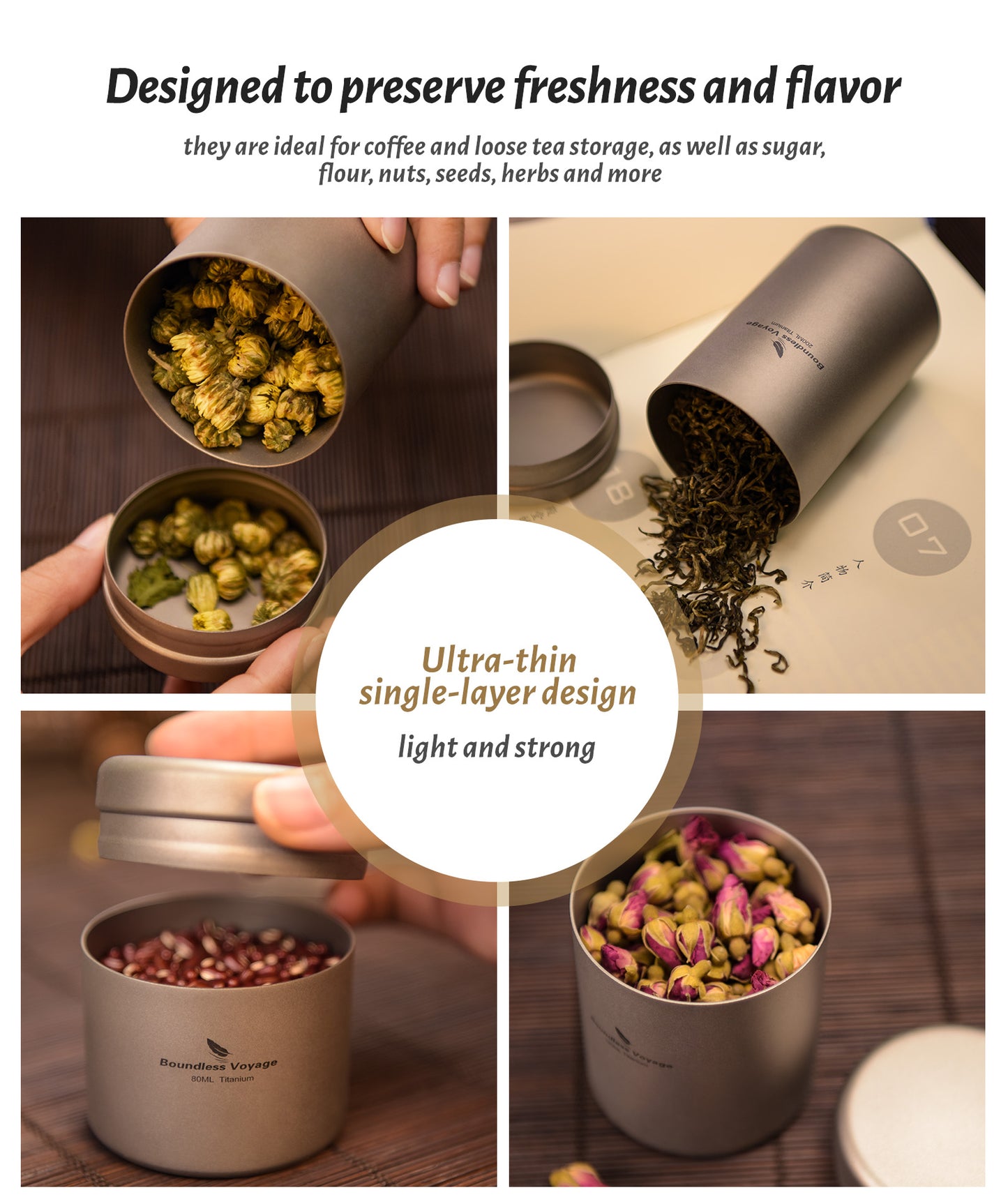 Boundless Voyage Titanium Tea Caddy Canister, Ultralight Portable Food Storage Container, Multi-Purpose Jar for Loose Tea, Coffee Beans, Spices, Nuts & Sugar, for Kitchen, Camping, Travel & Daily Use Ti3208D-Ti3210D