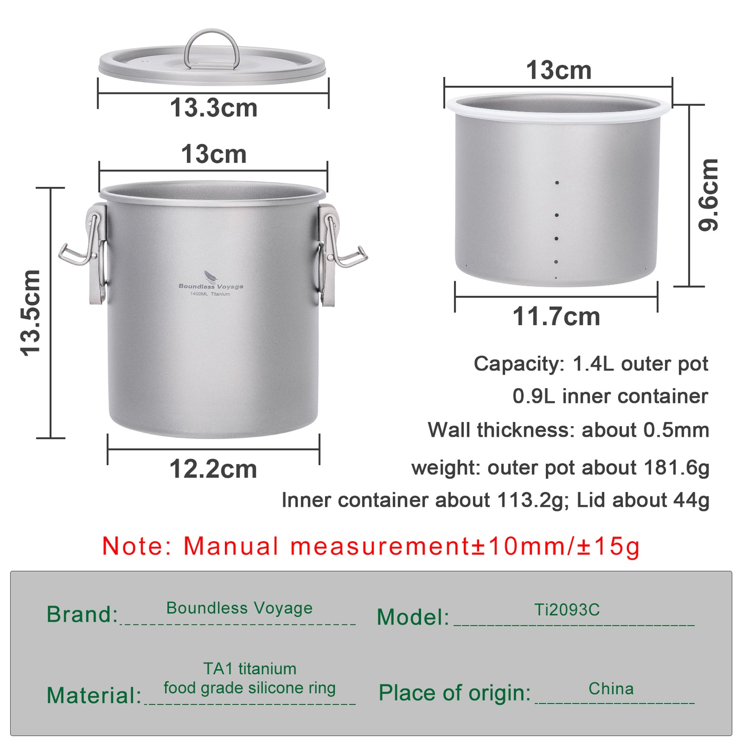 Boundless Voyage Sandblasted Matte Finish Ultralight Titanium Camping Rice Cooker Pot, 1.4L Outer Pot with 0.9L Inner Container, Portable Cookware for Hiking, Travel & Outdoor Camping Ti2093C