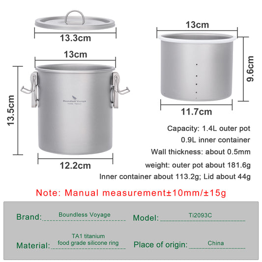Boundless Voyage Sandblasted Titanium Camping Rice Cooker Pot, 1.4L Outer Pot + 0.9L Inner Container with Silicone Seal & Foldable Handle, Ultralight Cookware for Hiking Travel Ti2093C