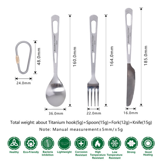 Boundless Voyage 3‑Pcs Titanium Cutlery Set with Spoon, Fork and Dinner Knife, Ideal for Steak, Salad, Noodles and Curry, Portable Tableware for Outdoor Travel, Office, School and Household Use Ti1051T