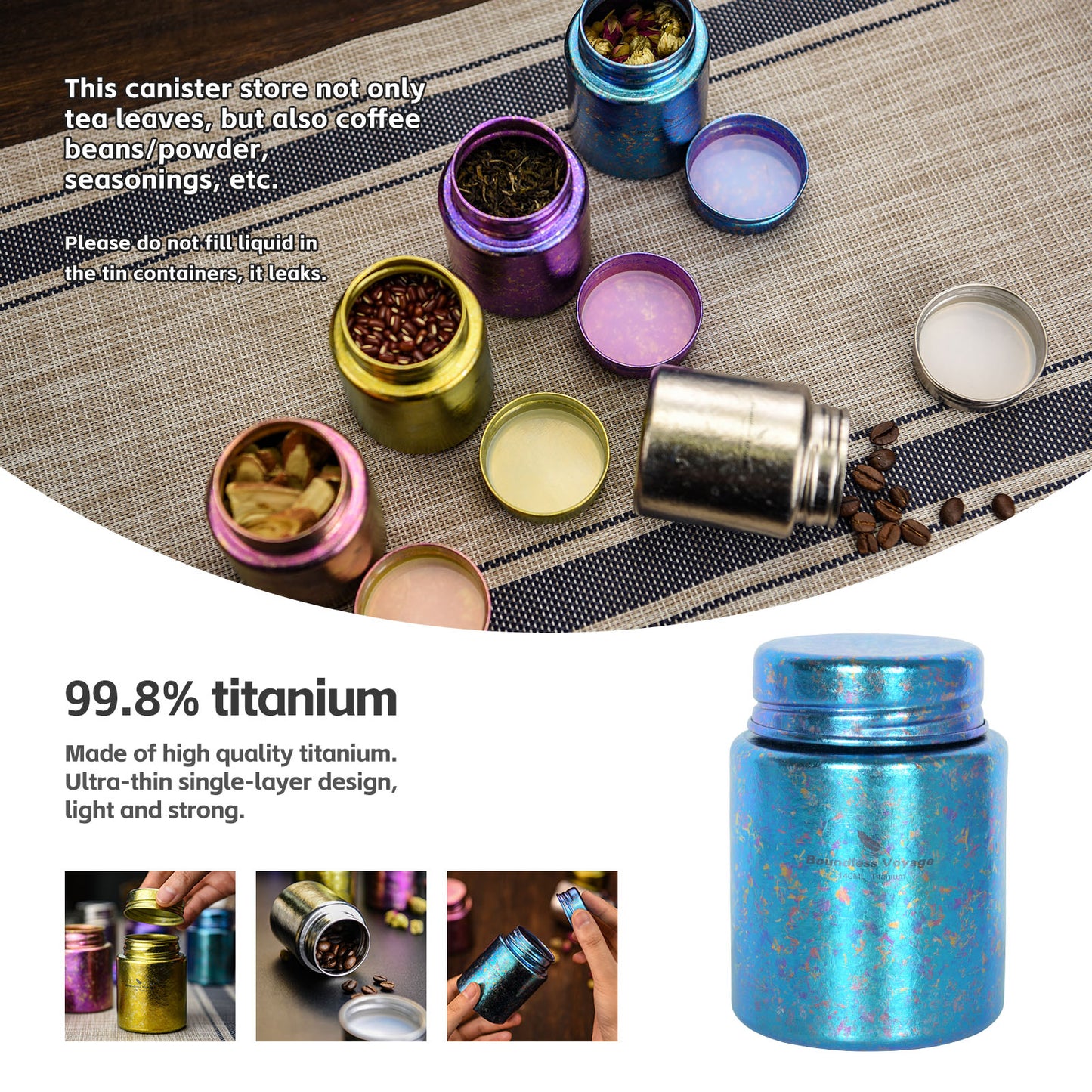 Boundless Voyage Mini Titanium Tea Caddy, Ultralight Portable Ice Flower Storage Jar for Loose Tea, Coffee & Spices Ti3211D