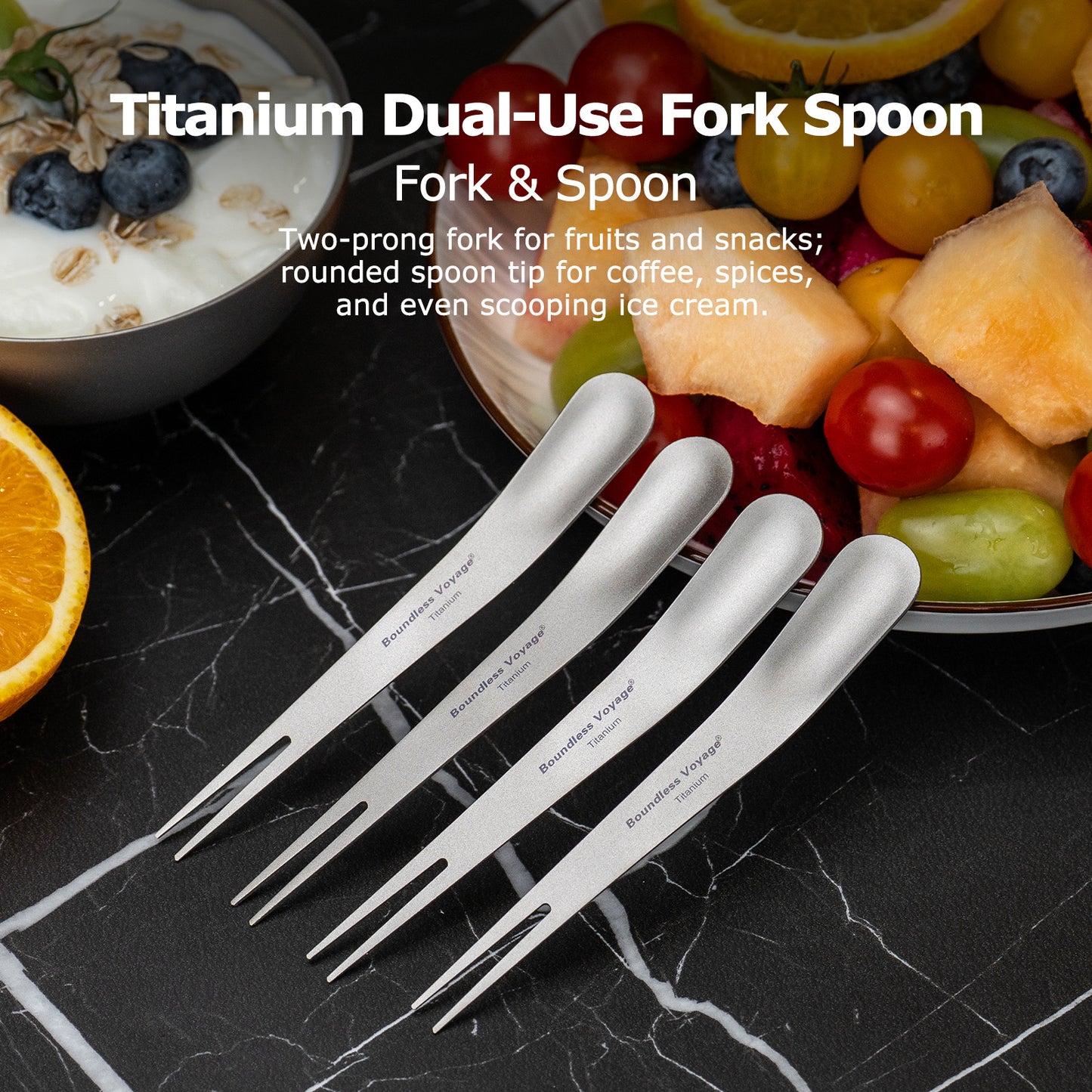 Boundless Voyage Titanium Dual-Use Fork Spoon Set, 5 Pieces Ultralight 5.6g Per Spoon-Fork, Portable Camping Cutlery Kit with Drawstring Bag for Fruit, Coffee, Ice Cream & Outdoor Travel Ti1126T