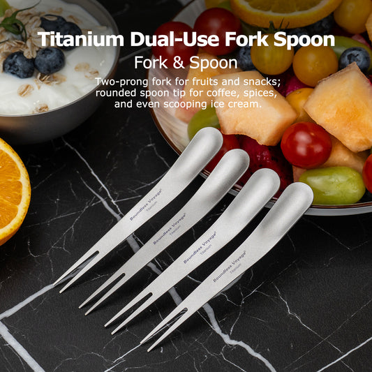 Boundless Voyage Titanium Dual-Use Fork Spoon Set, 5 Pieces Ultralight 5.6g Per Spoon-Fork, Portable Camping Cutlery Kit with Drawstring Bag for Fruit, Coffee, Ice Cream & Outdoor Travel Ti1126T