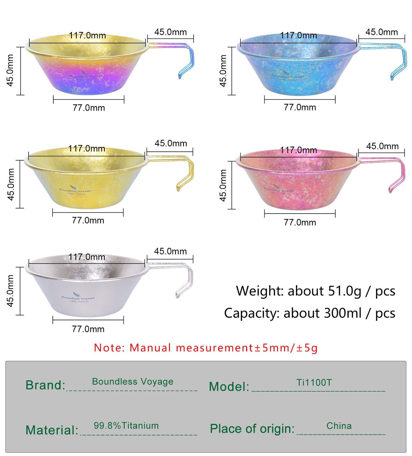 Boundless Voyage High-Temp Crystallized Pure Titanium Sierra Cup Bowl with Handle 300ml | Portable Outdoor Mug Cookware Tableware for Camping & Hiking Ti1100T