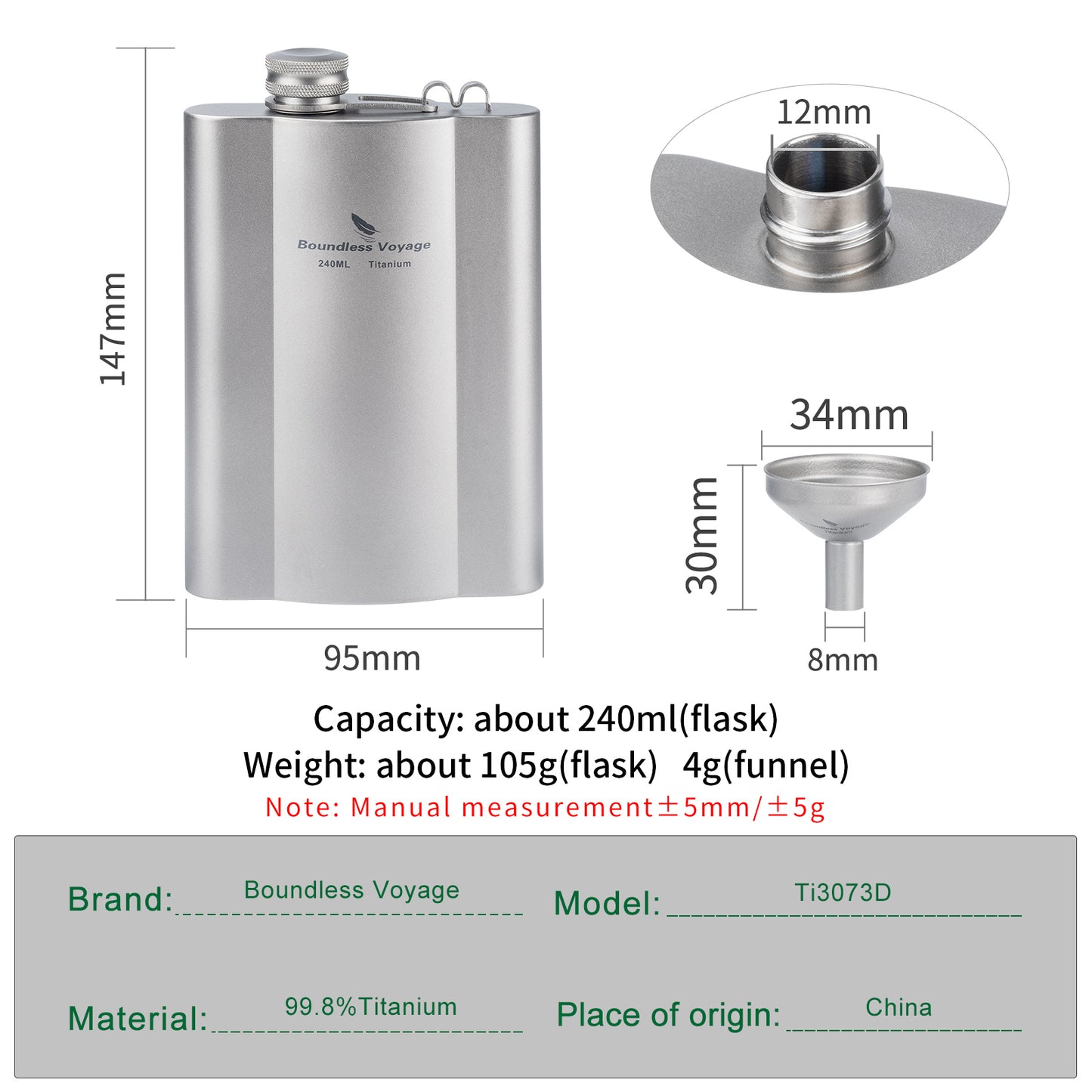 Boundless Voyage Titanium Hip Flask 180ml / 240ml Rust-Free Ultralight Small Liquor Flask Bottle for Whiskey Vodka Wine Outdoor Portable Travel Outdoor Ti3071D / Ti3072D/ Ti3073D