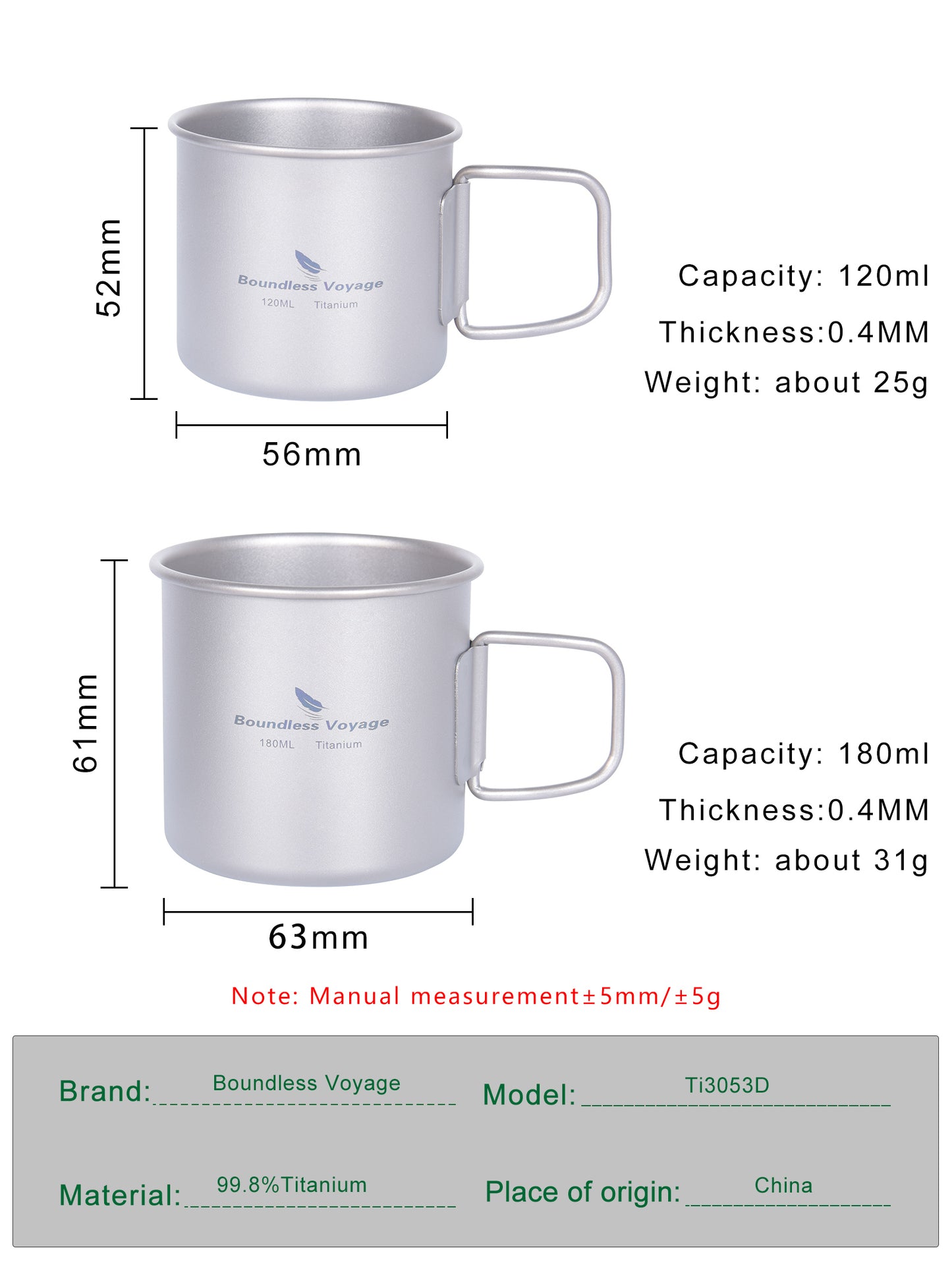 Boundless Voyage Ultralight Titanium Cup 120ml / 180ml, Lid-Free Portable Tea Wine Beer Coffee Mug for Outdoor Camping Travel Ti3053D