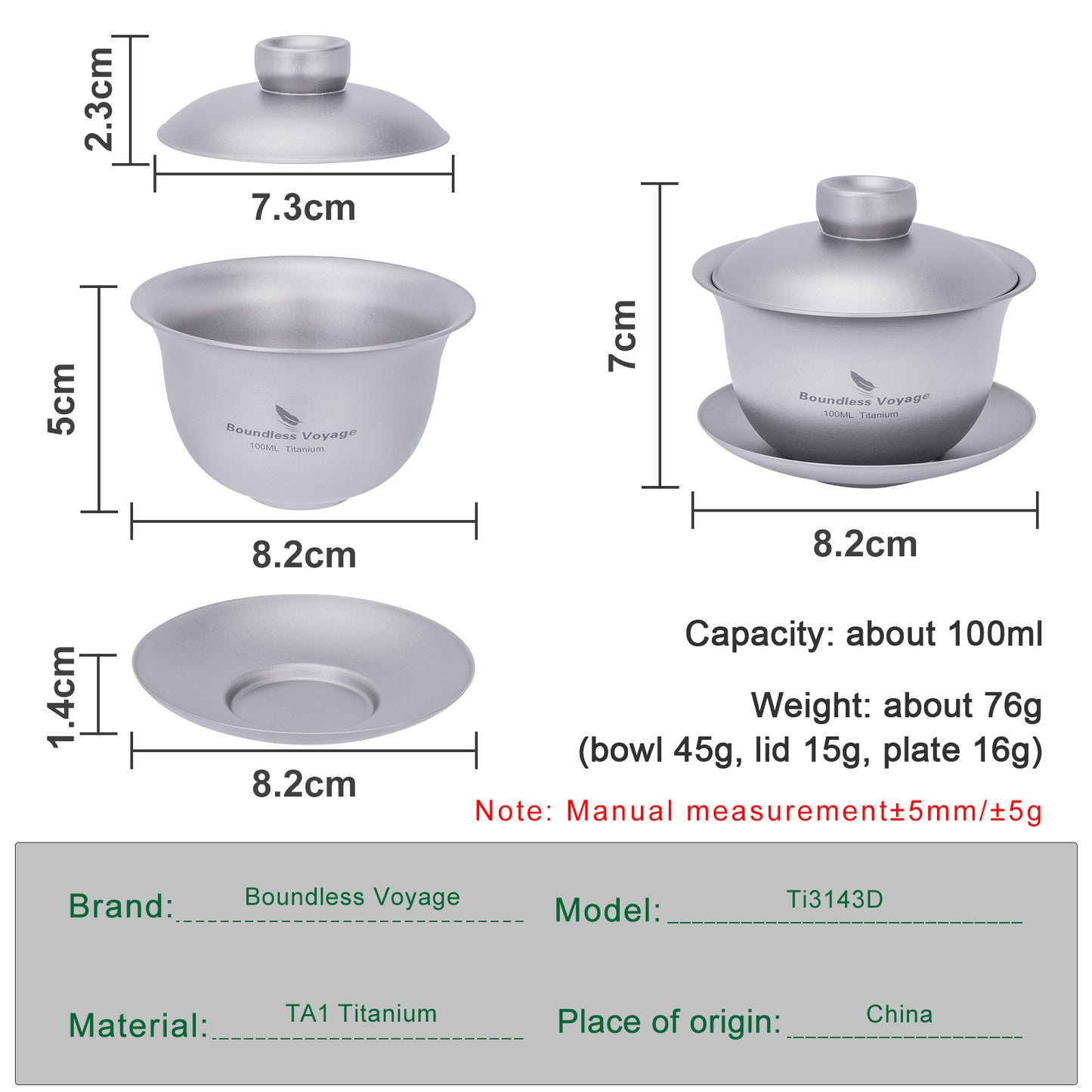 Boundless Voyage 100ml Titanium Double-Walled Gaiwan, Traditional Chinese Three-Talent Triad Covered Tea Bowl, Anti-Scald Kung Fu Tea Set for Home Tea Brewing Ti3143D