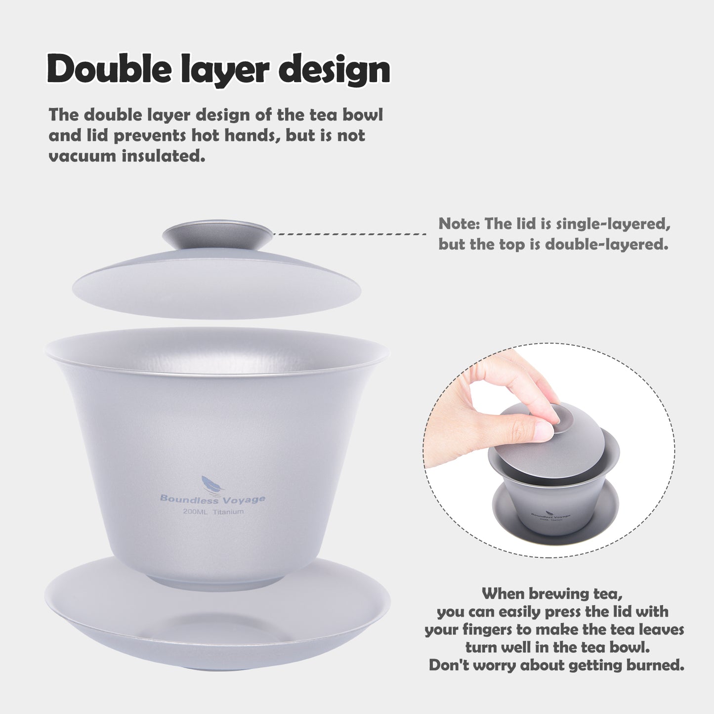 Boundless Voyage Double Walled Titanium Gaiwan, Traditional Chinese Kung Fu Tea Bowl with Lid & Saucer, Ultralight Durable Portable Tea Set for Home Tea Ceremony & Outdoor Camping Ti3123D-Ti3124D
