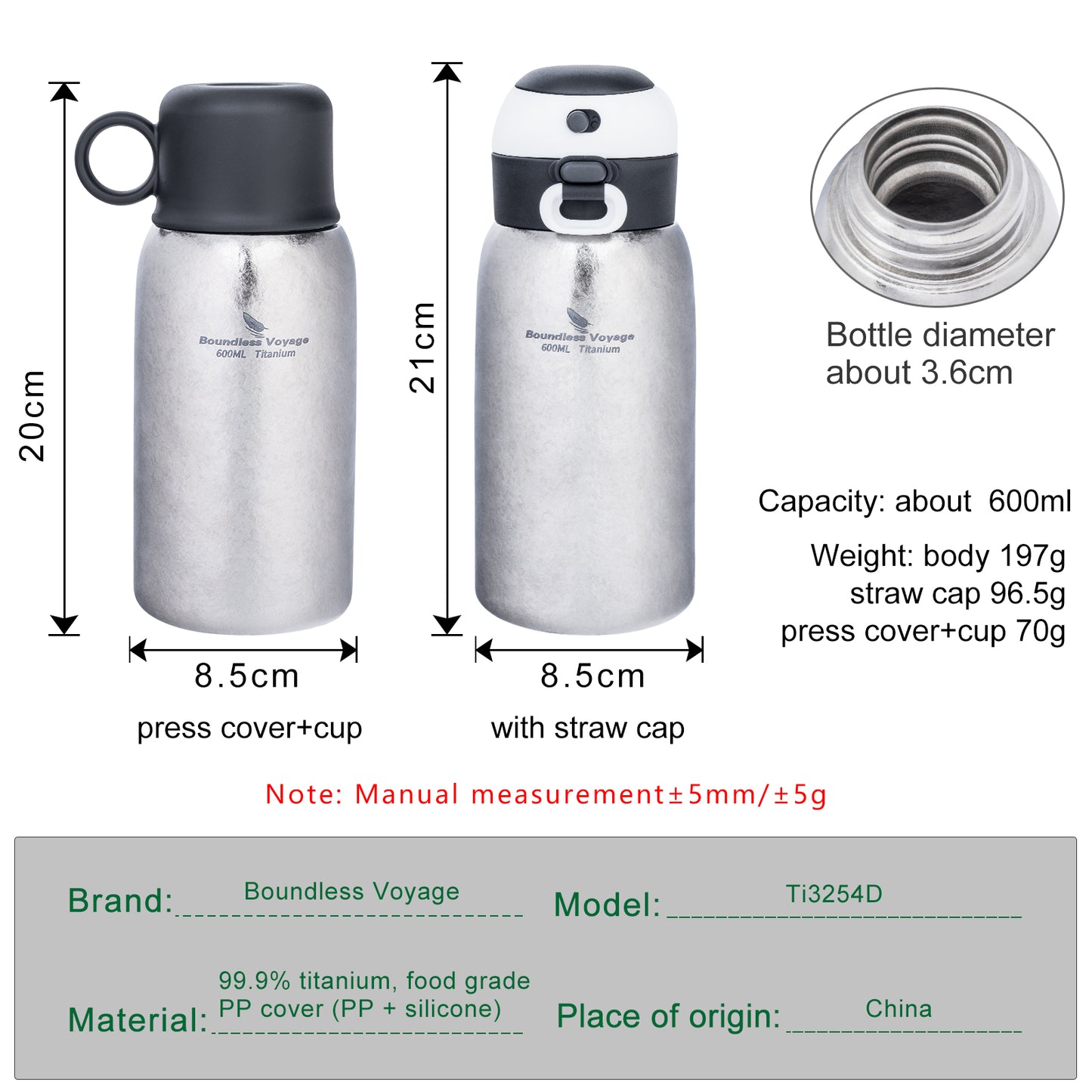 Boundless Voyage 630ml Double-Wall Vacuum Titanium Water Bottle, Leakproof Lightweight Coffee Sport Bottle for Travel, Outdoor & Office Ti3254D