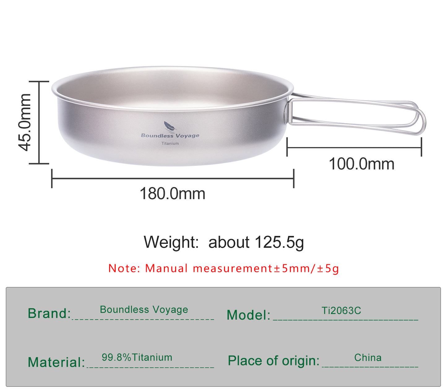 Boundless Voyage 18cm Pure Titanium Frying Pan with Foldable Handle, Ultralight Outdoor Camping Skillet for Solo Hiking & Picnic Ti2063C