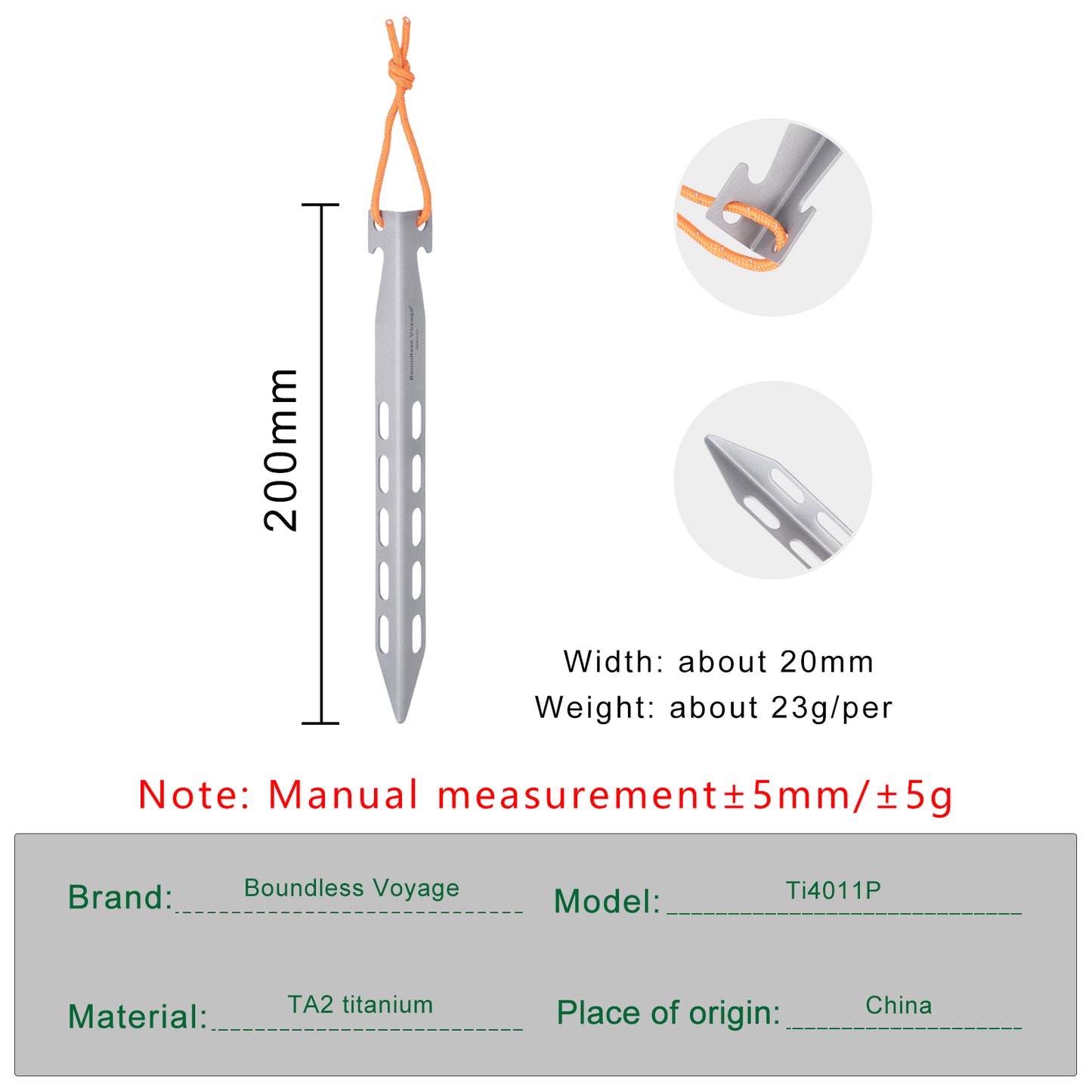 Boundless Voyage 20cm / 7.8in V-Shape Titanium Tent Stakes | Ultralight Heavy Duty Ground Pegs, Outdoor Camping Awning Canopy Accessories, 8Pcs Pack Ti4011P
