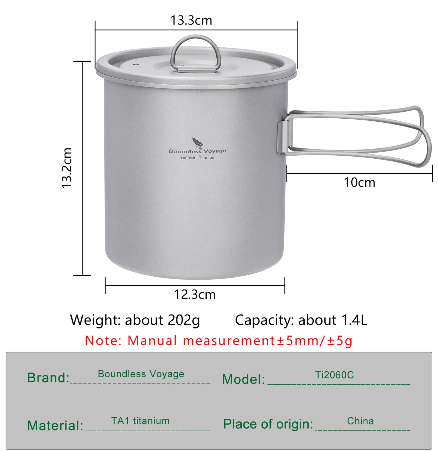Boundless Voyage 1400ml Pure Titanium Camping Pot | Ultralight Backpacking Cookware with Lid & Foldable Handle for Hiking Camping