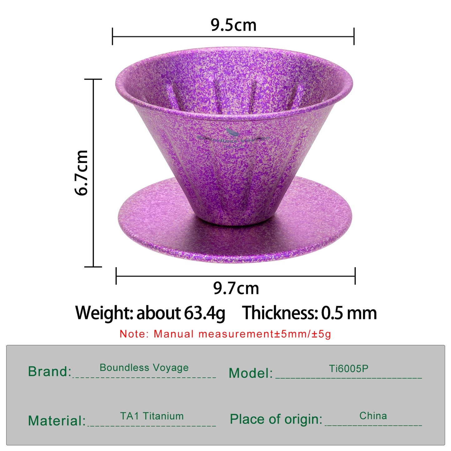 Boundless Voyage Titanium Pour Over Coffee Dripper | Reusable Cone Coffee Strainer Filter, 1-2 Cup Single Serve Coffee Brewer for Travel Camping Home Ti6005P