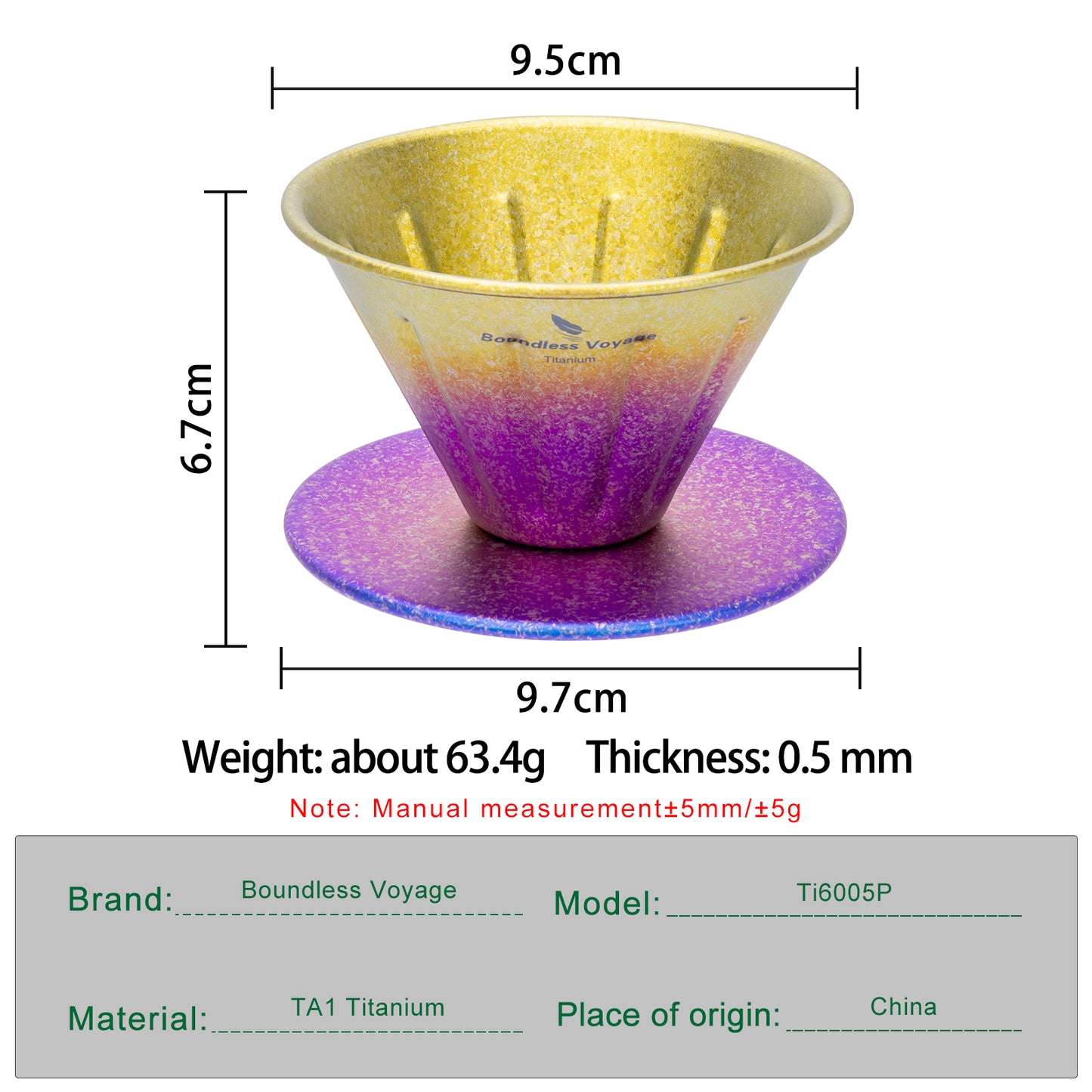 Boundless Voyage Titanium Pour Over Coffee Dripper | Reusable Cone Coffee Strainer Filter, 1-2 Cup Single Serve Coffee Brewer for Travel Camping Home Ti6005P