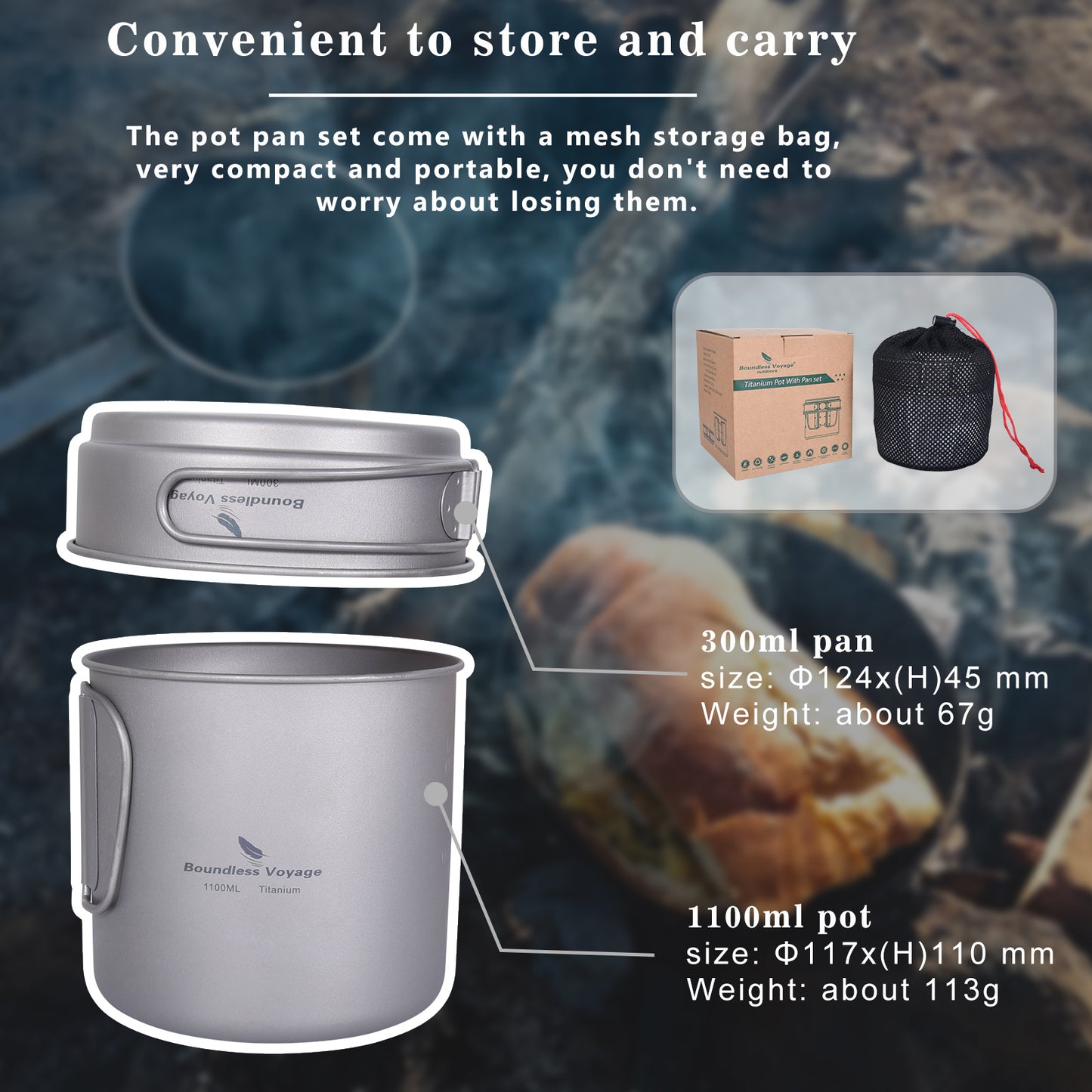Boundless Voyage Titanium Pot & Pan Set with Folding Handle, Portable Outdoor Mess Kit Cookware for Camping Hiking Picnic Ti2053C