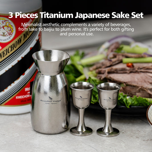 Boundless Voyage 3 Pieces Titanium Japanese Sake Set, 150ml Sake Carafe with 2  Cups, for for Sake Japanese Wine/Soju/Drink/Tea Dishwasher Safe Portable Drinkware for Outdoor Travel Ti3266D