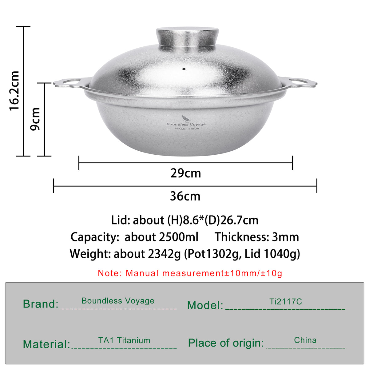 Dimensions, capacity, and weight specifications of Boundless Voyage 2.5L titanium pot Ti2117C