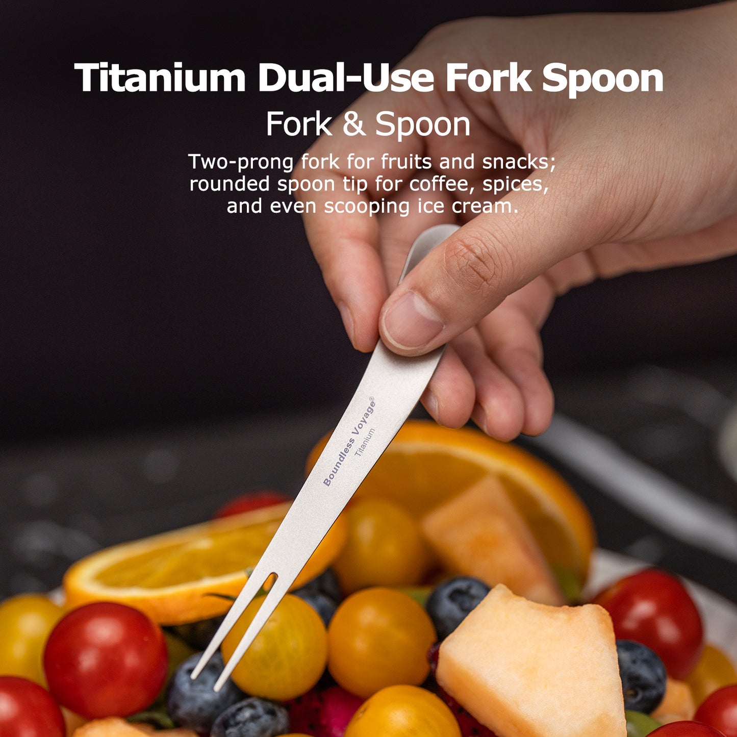 Boundless Voyage Titanium Dual-Use Fork Spoon Set, 5 Pieces Ultralight 5.6g Per Spoon-Fork, Portable Camping Cutlery Kit with Drawstring Bag for Fruit, Coffee, Ice Cream & Outdoor Travel Ti1126T