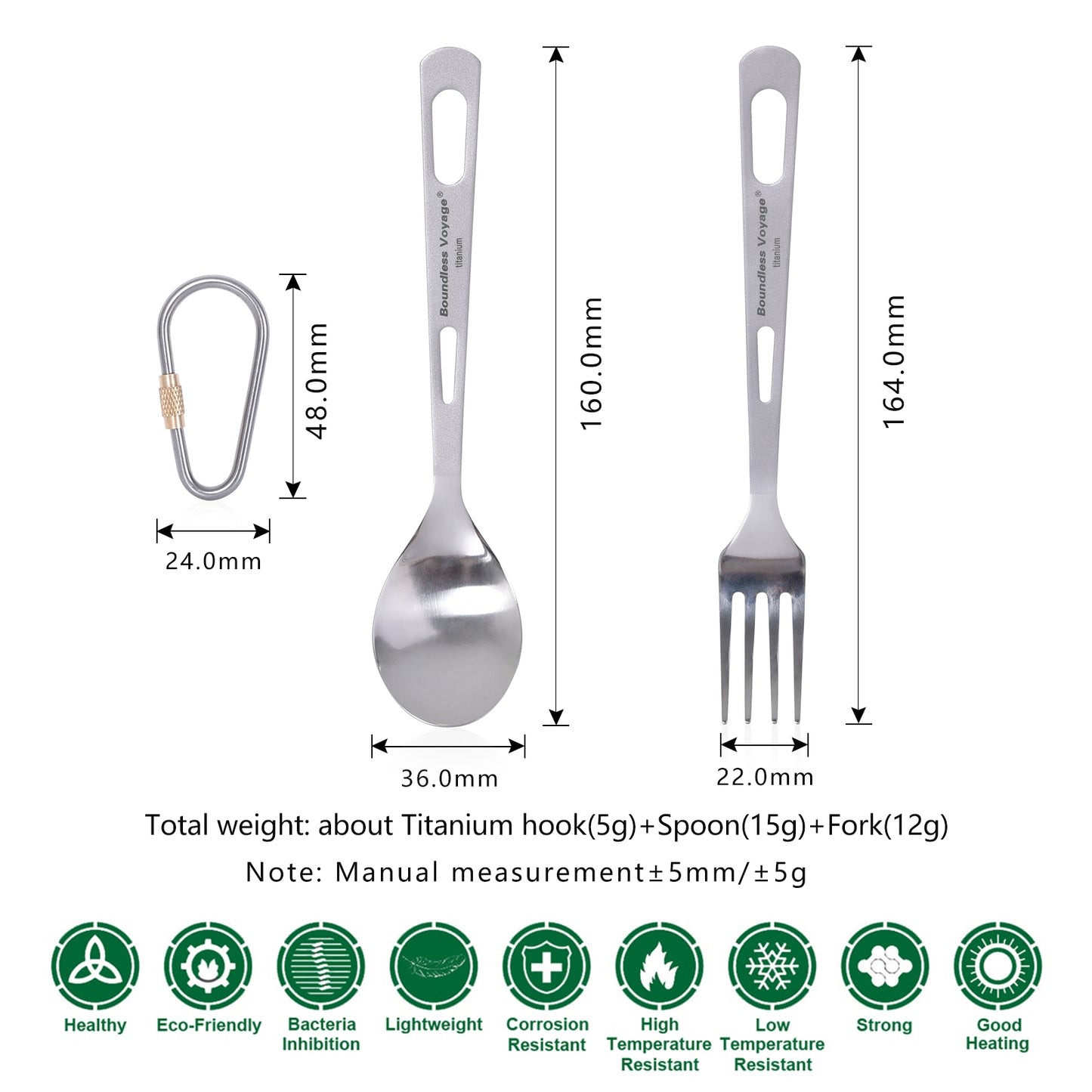 Boundless Voyage 2‑Pcs Titanium Spoon and Fork Set with Polished Heads & Matte‑Finished Handles, Ideal for Soup, Rice, Porridge, Salad, Noodles and Curry, Portable Cutlery Kit for Outdoor Travel, Office, School and Household Use Ti1048T