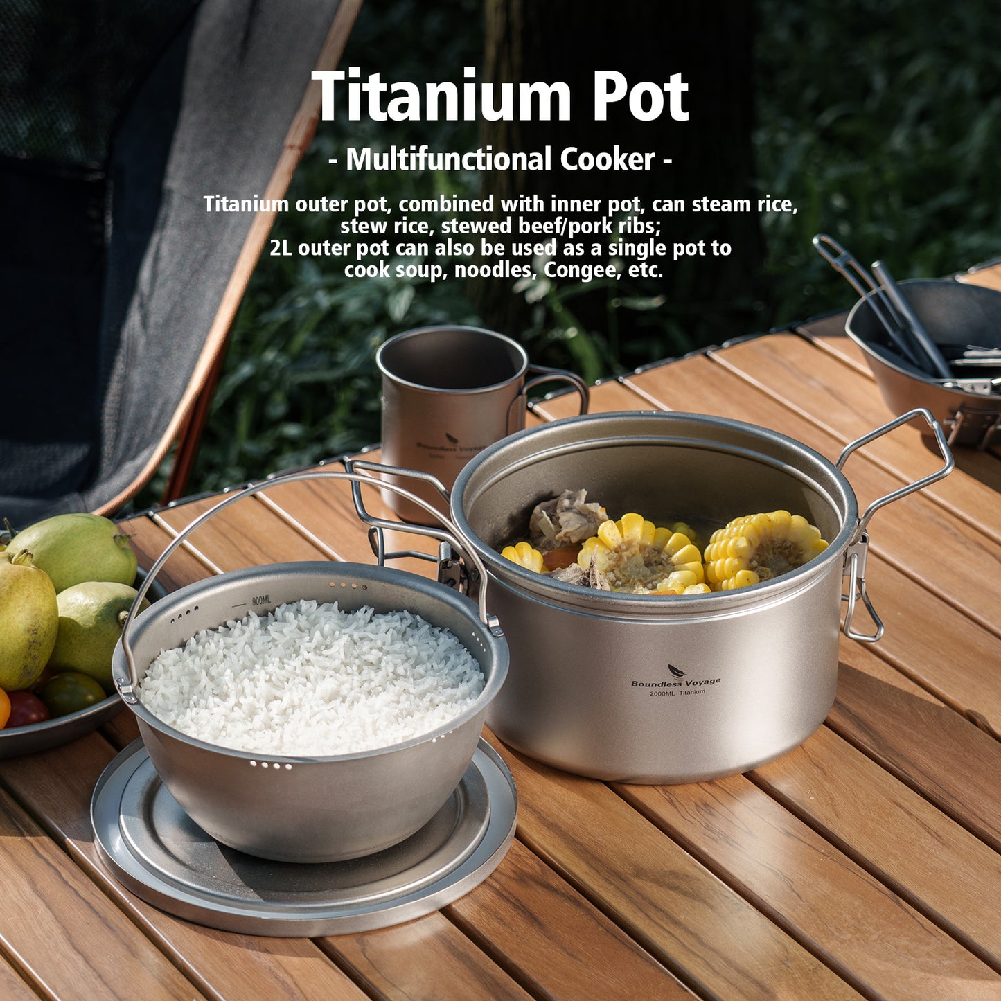 Boundless Voyage Titanium Pot Multifunctional Rice Cooker 2L+0.9L Pot Set Ultralight Outdoor Camping Cookware Ti2087C