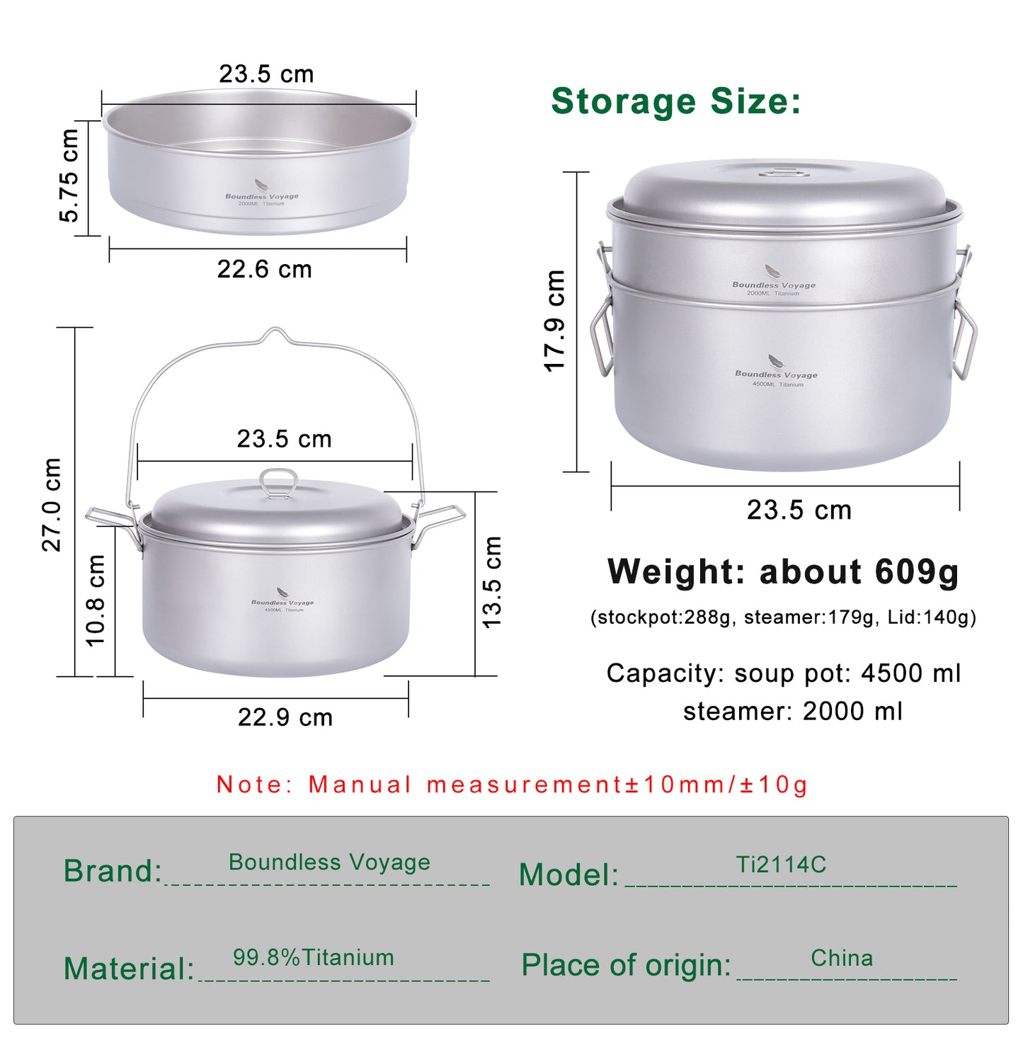 Boundless Voyage Titanium Food Steamer Pan & Stock Soup Pot, Portable Hanging Hot Pot Kitchenware for Outdoor Camping Picnic Travel Household Cooking Ti2112C- Ti2114C