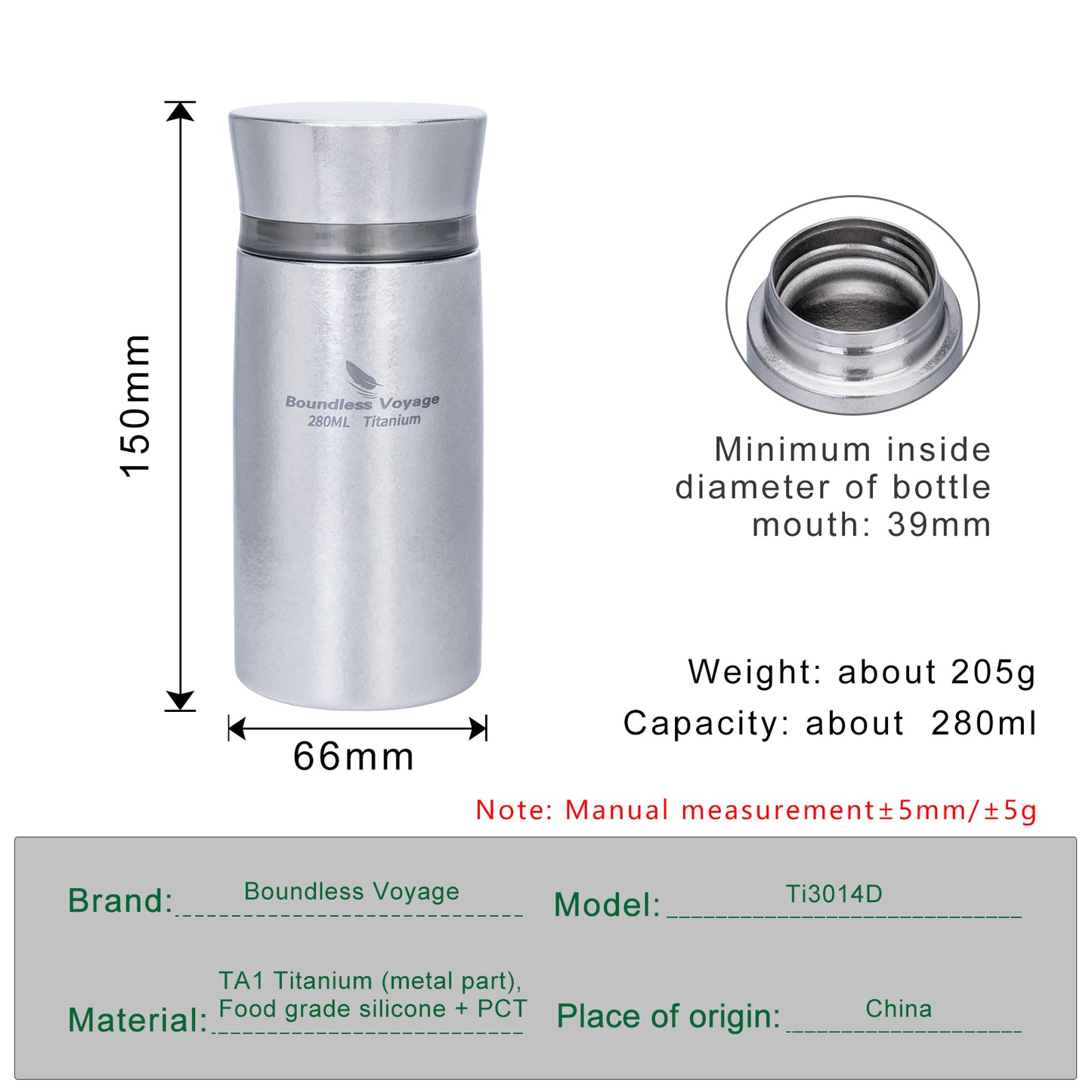 Boundless Voyage 280ml Mini Titanium Vacuum Insulated Bottle , Portable Travel Coffee Water Cup for Girls &amp; Daily Outdoor Ti3014D