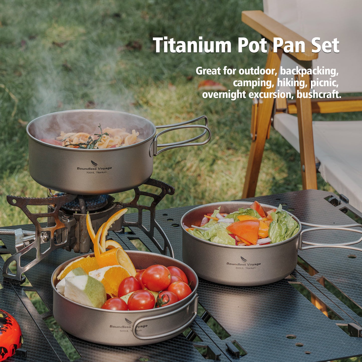 Boundless Voyage Pure Titanium Camping Cookware Set 3Pcs Foldable Handle Stackable Outdoor Tableware Pot Pan Set Ti2032C