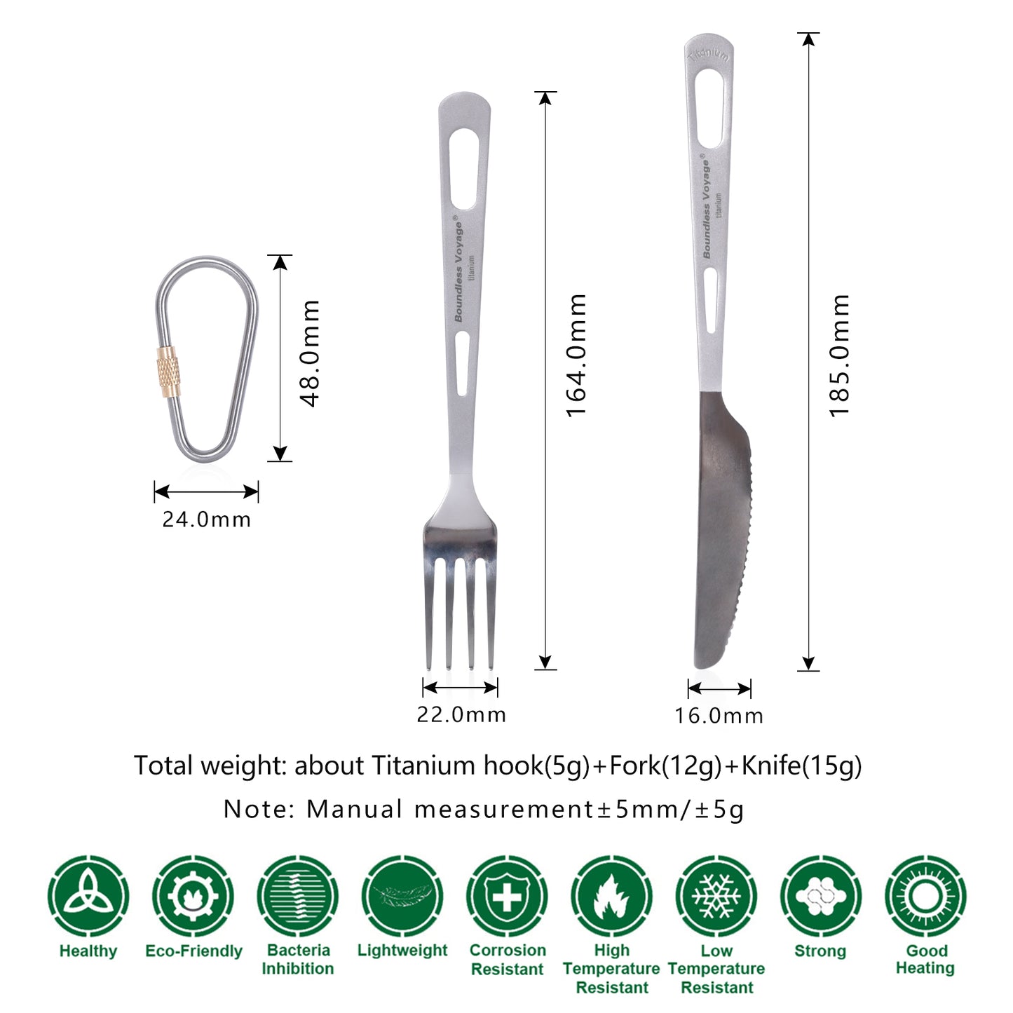 Boundless Voyage 2‑Pcs Titanium Fork and Dinner Knife Set with Polished Heads & Matte‑Finished Handles, Perfect for Steak, Salad, Noodles and Curry, Portable Cutlery Kit for Outdoor Travel, Office, School and Household Use Ti1047T