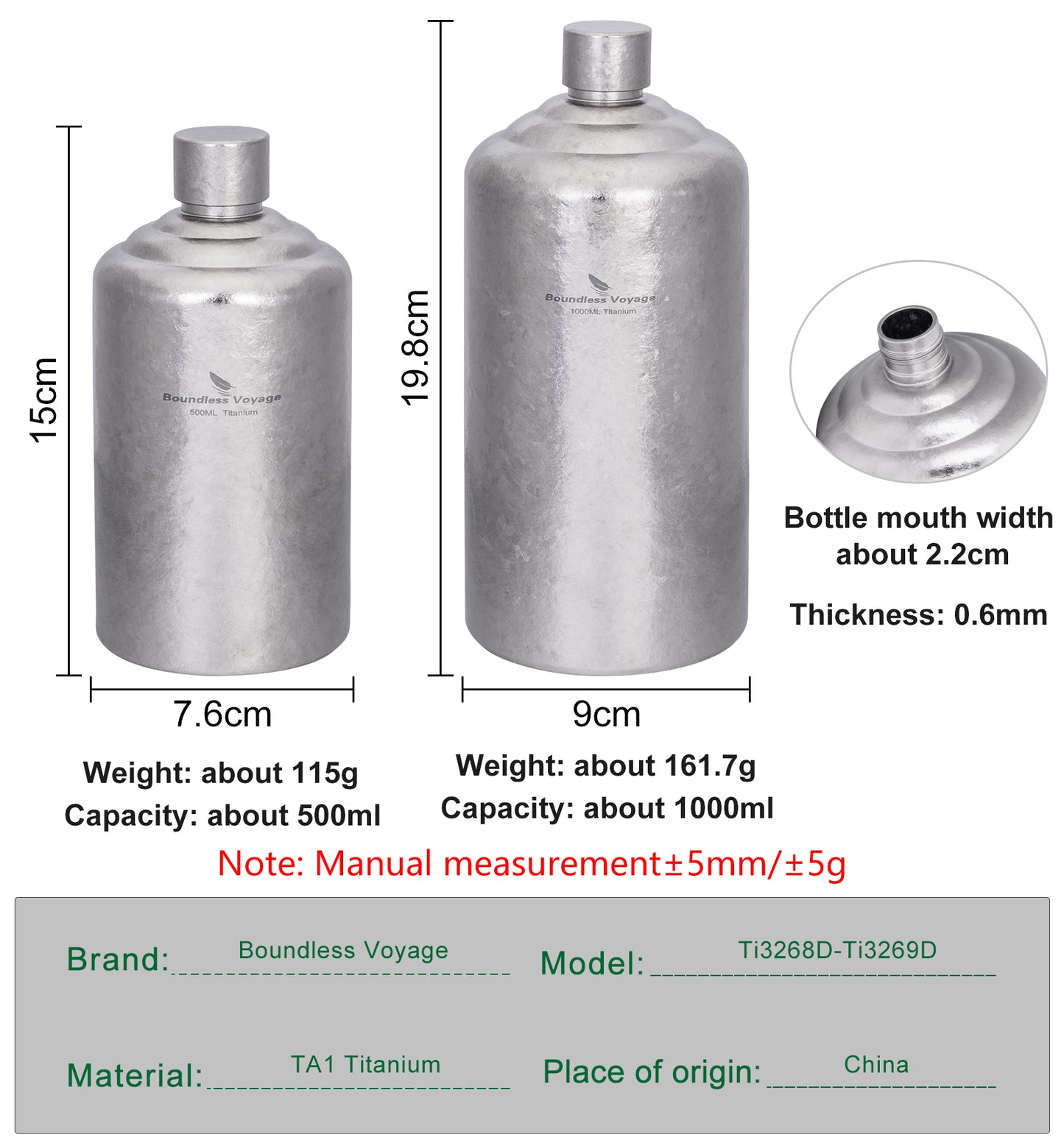 Boundless Voyage Pure Titanium Wine Flask 500ml/1000ml Whiskey Bottle Leakproof Portable Liquor Spirit Flask for Outdoor & Travel, Camping, Hiking for Men, Coating Free, Narrow-Mouth Ti3268D-Ti3269D