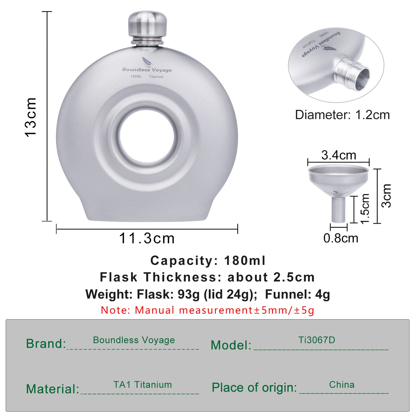 Boundless Voyage 180ml Titanium Hip Flask with Funnel Set Round Wine Bottle Special-shaped Small Pocket Flask Liquor Ti3067D