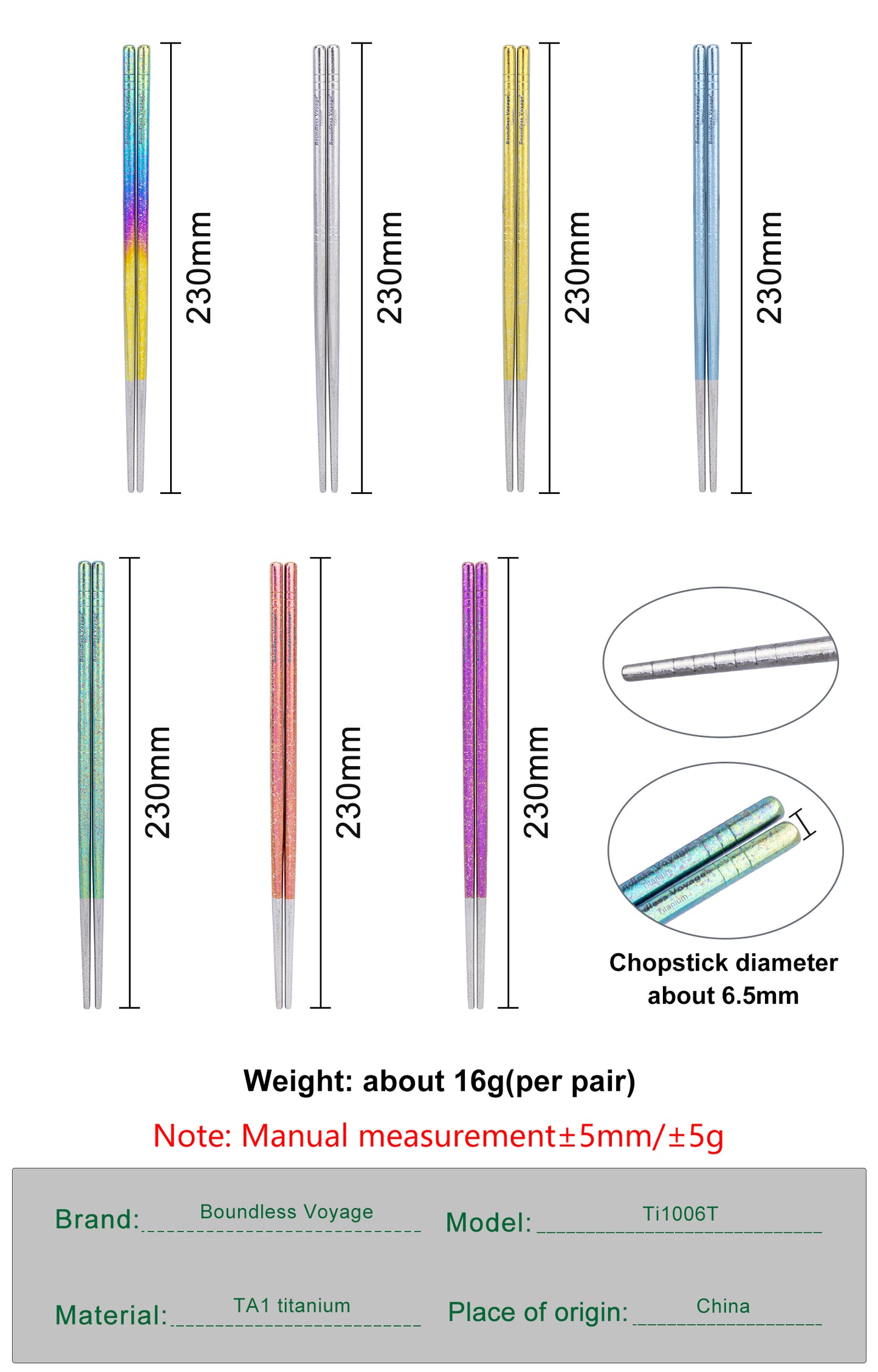 Boundless Voyage 8 Pairs Colorful Pure Titanium Chopsticks | Ultralight Non-Slip Reusable Tableware for Rice, Noodles, Tofu & Meatballs, Camping, Hiking & Daily Home Use Ti1006T