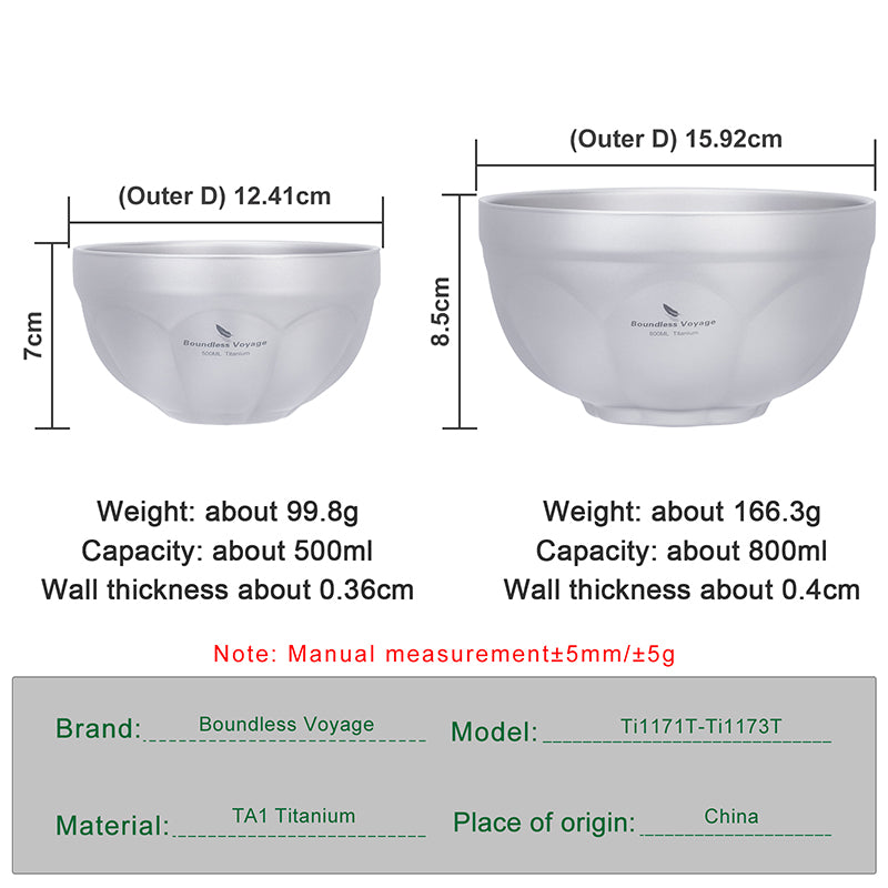 Boundless Voyage 500ml / 800ml Titanium Double Walled Bowl Rice Soup Oatmeal Yogurt Serving Bowl Ultralight Outdoor Camping Travel Durable Portable Tableware
