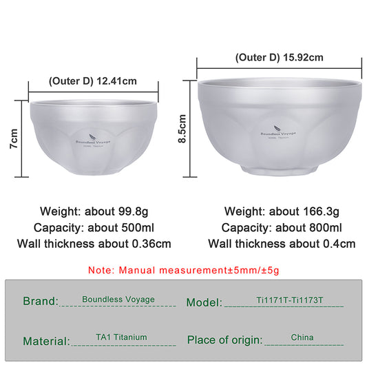 Boundless Voyage 500ml / 800ml Titanium Double Walled Bowl Rice Soup Oatmeal Yogurt Serving Bowl Ultralight Outdoor Camping Travel Durable Portable Tableware