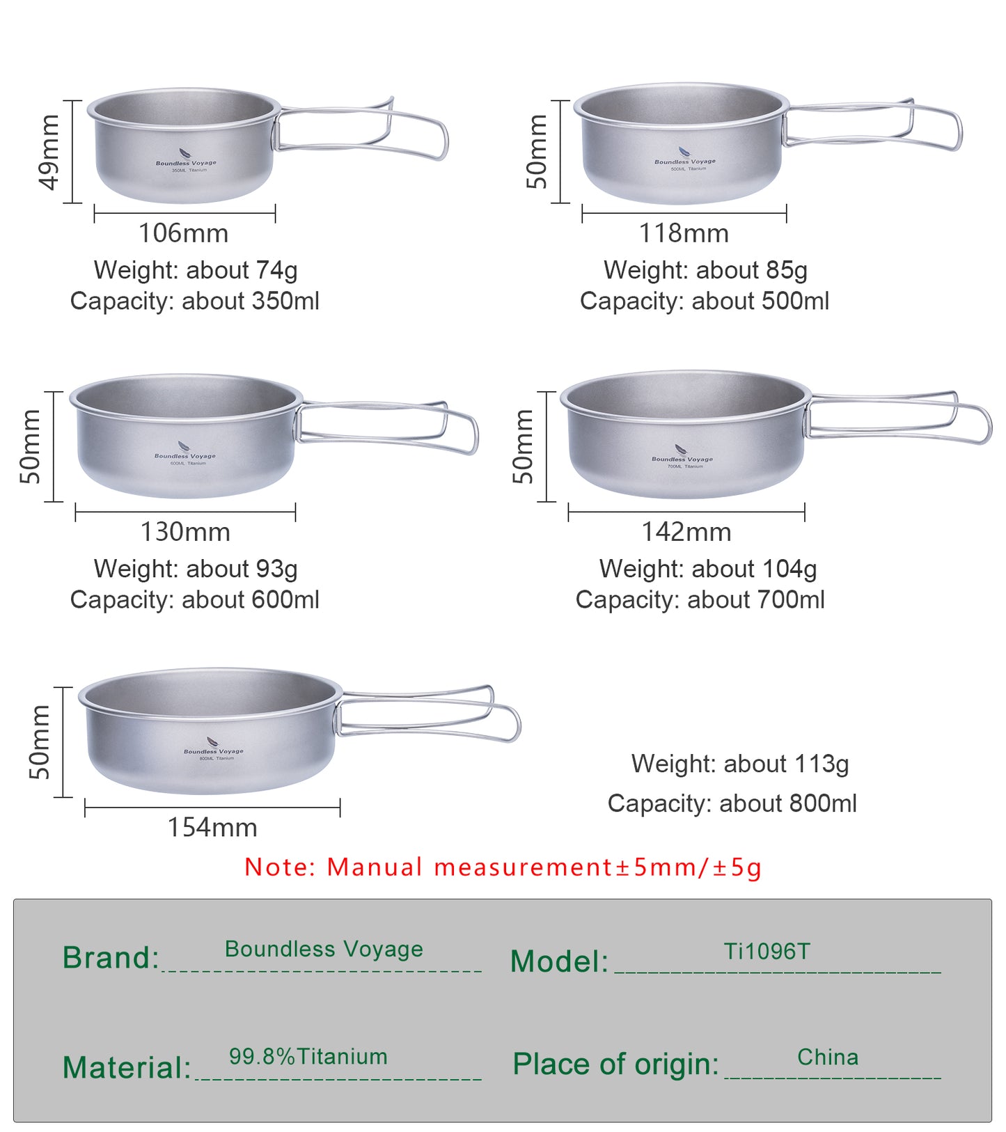 Boundless Voyage 5Pcs Pure Titanium Bowl Set with Foldable Handles, Portable Outdoor Camping Tableware Plates Dishes, 350/500/600/700/800ml Ti1096T