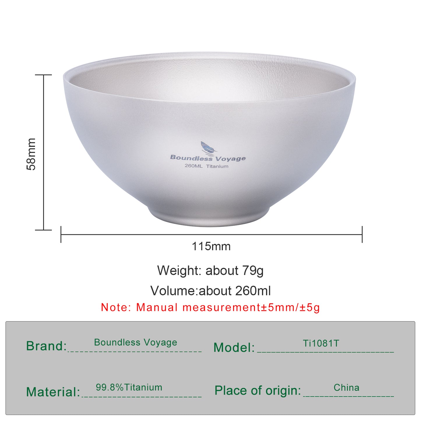Boundless Voyage 260ml Titanium Double-Wall Bowl, Ultralight Anti-Scald Camping Bowl for Hiking Outdoor Home Ti1081T
