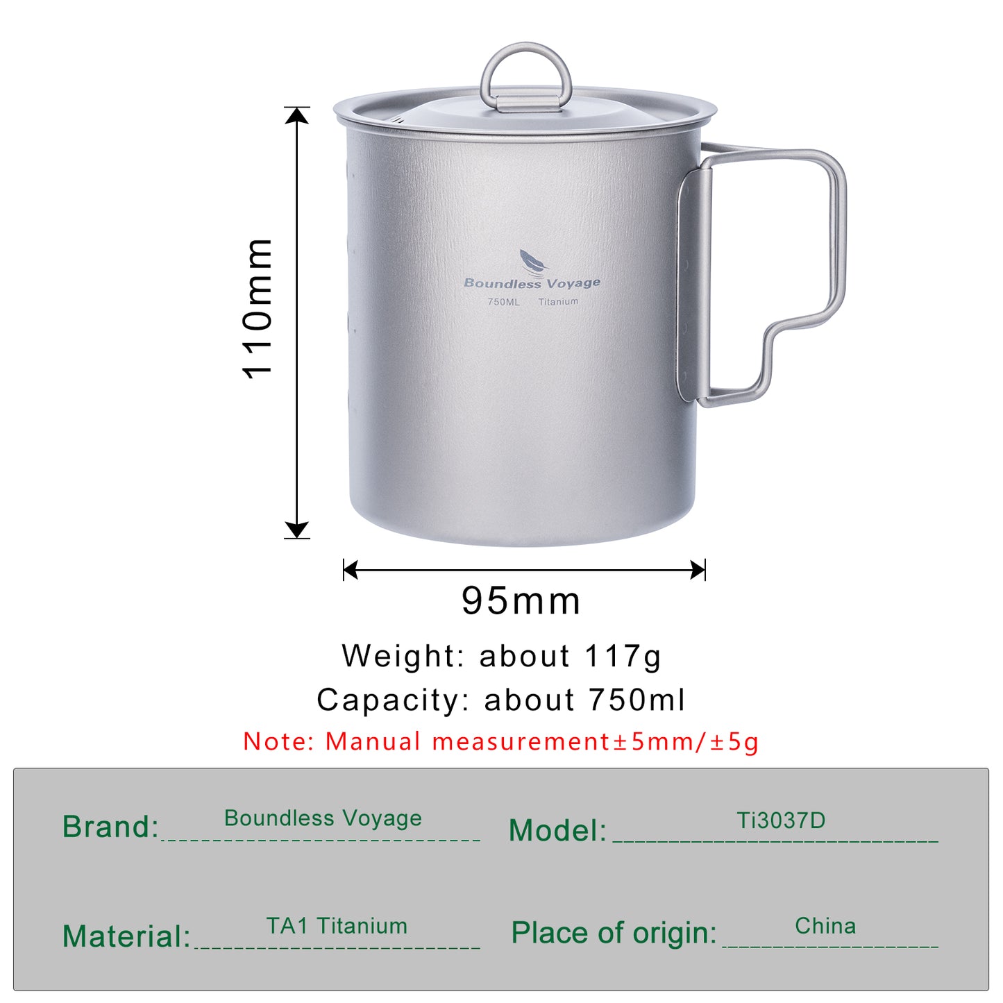 Boundless Voyage750ml Single Wall Titanium Cup with Lid | Ultralight Portable Camping Mug Pot for Tea Coffee EDC Hiking Ti3037D
