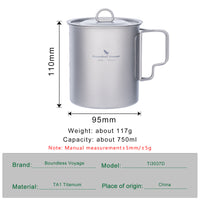Boundless Voyage750ml Single Wall Titanium Cup with Lid | Ultralight Portable Camping Mug Pot for Tea Coffee EDC Hiking Ti3037D