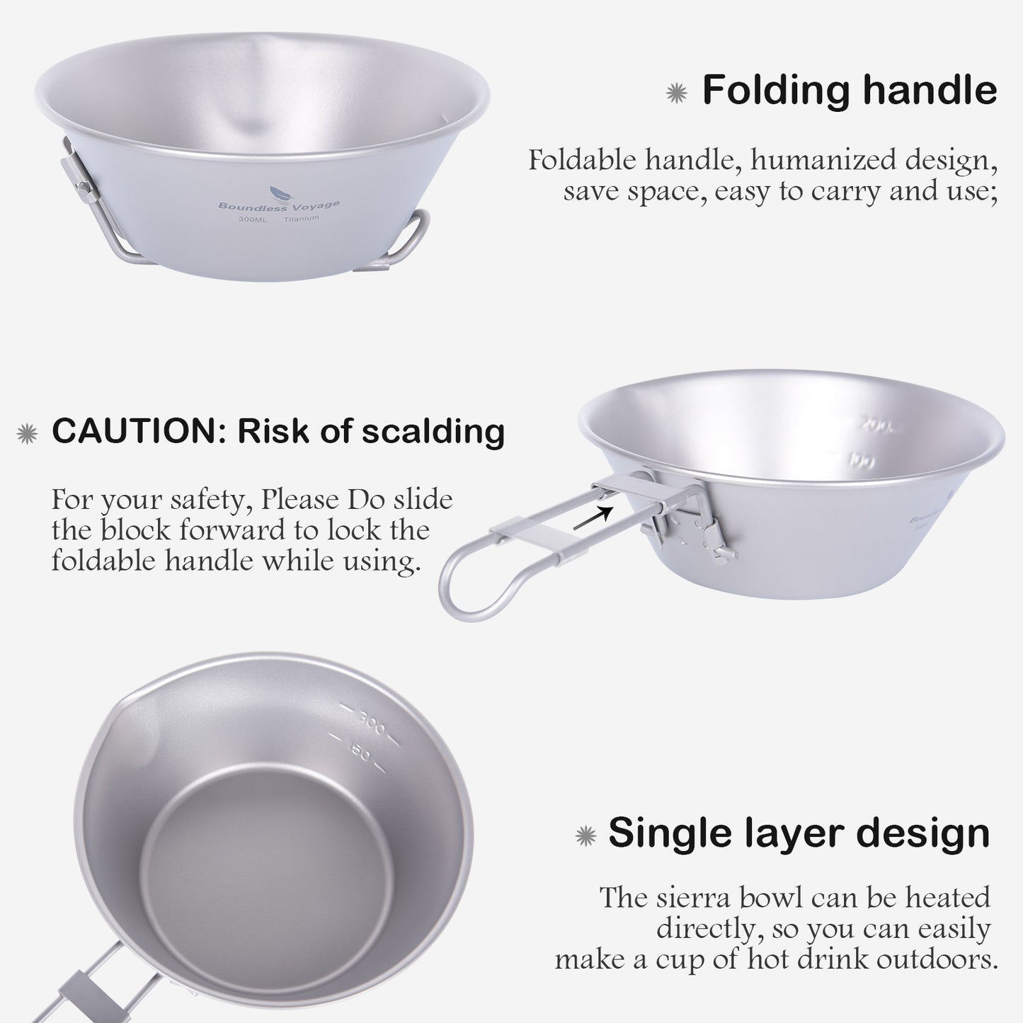 Boundless Voyage Titanium Sierra Bowl Foldable Handle Anti-Drip Spout, 300ml 450ml Camping Bowl Ti1087T-Ti1089T