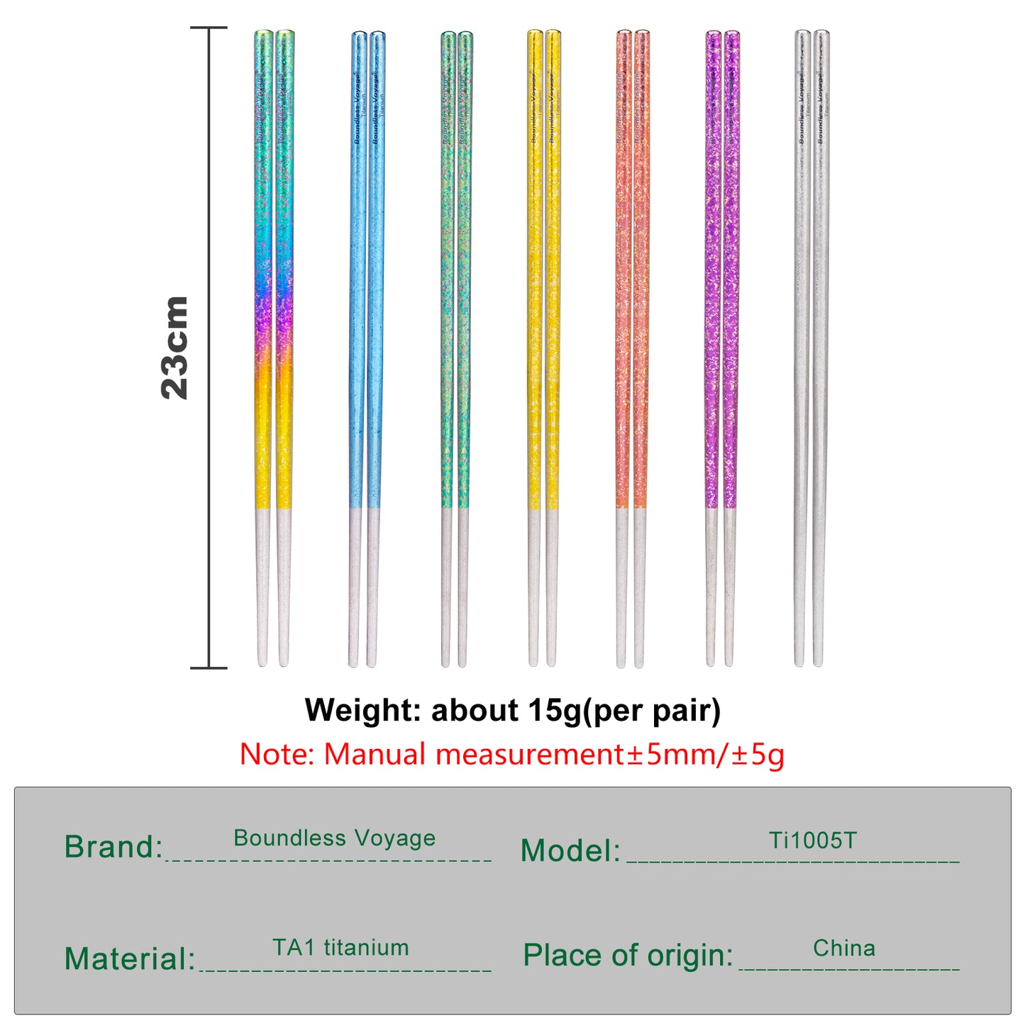 Boundless Voyage 23cm Colorful Pure Titanium Chopsticks | Ultralight Non-Slip Reusable Cutlery with Carry Bag for Camping, Hiking, Travel & Daily Home Use Ti1005T