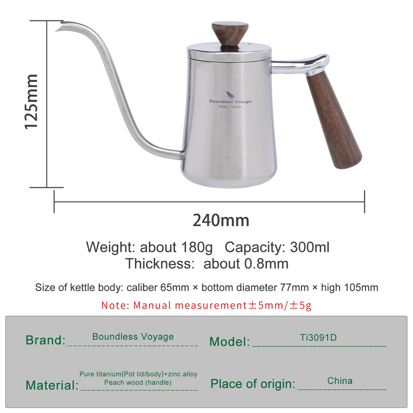 Boundless Voyage 300ml Titanium Pour Over Coffee Kettle with Wood Handle, Precision Gooseneck Spout Mini Coffee Tea Pot, Ultralight Portable Brew Gear for Home Barista, Office, Camping & Hiking Travel Ti3091D