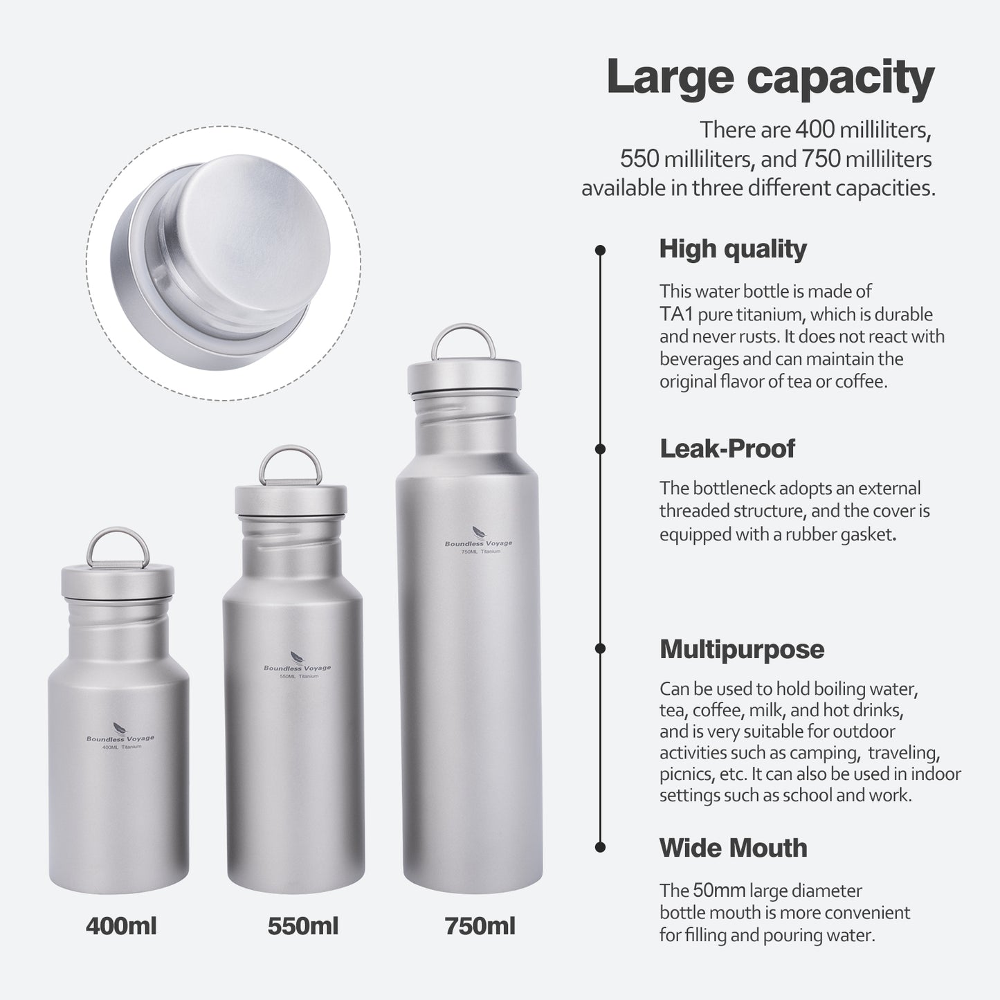 Boundless Voyage Titanium Water Bottle with Lid Reusable Sport Drinking Bottle for Camping Hiking Picnic Climbing Running Tea Coffee