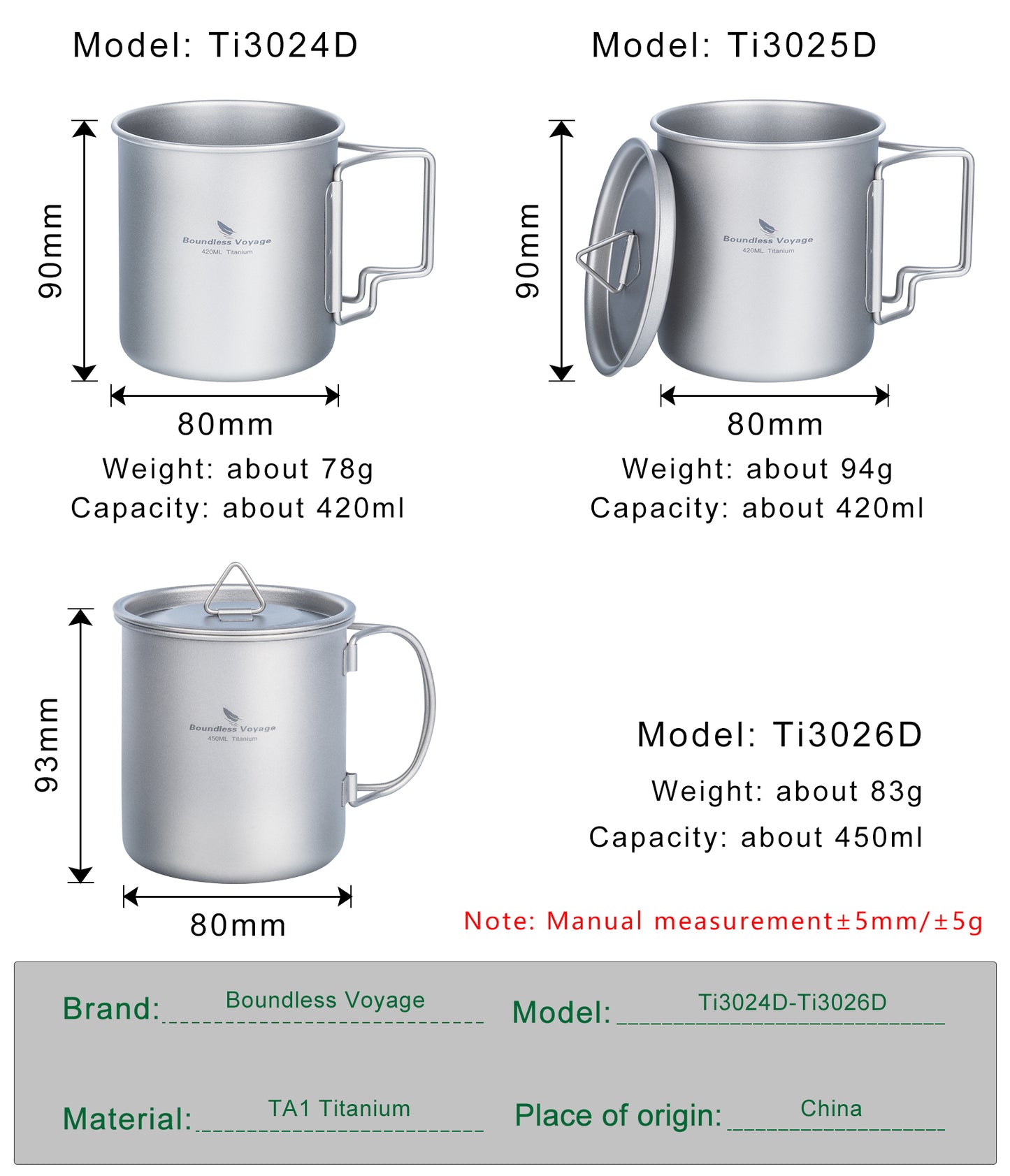Boundless Voyage Titanbecher mit Deckel Camping-Geschirr für 1 Person 420 ml