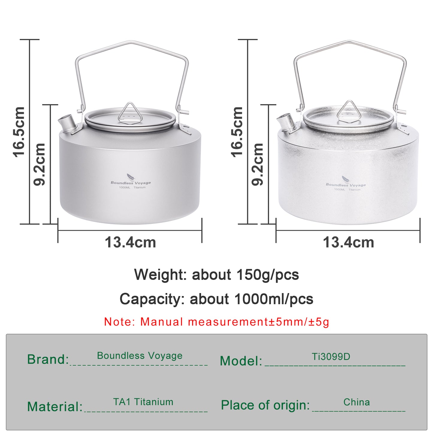 Boundless Voyage 1000ml Ultralight Titanium Camping Kettle with Foldable Handle & Steam Vent Lid, One-Piece Body Water Pot for Outdoor Hiking Backpacking Ti3099D