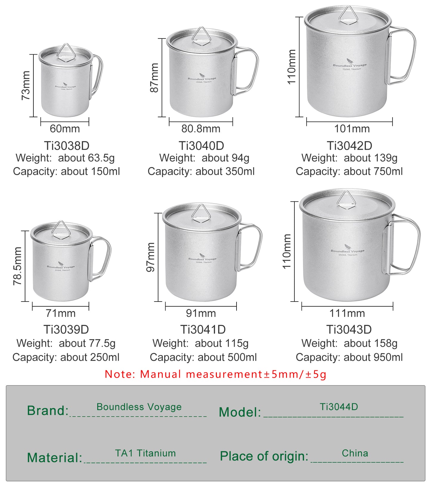 Boundless Voyage Titanium Mug with Lid Crystalline Finish 150ml to 950ml Ultralight for Camping Hiking Ti3038D Ti3043D