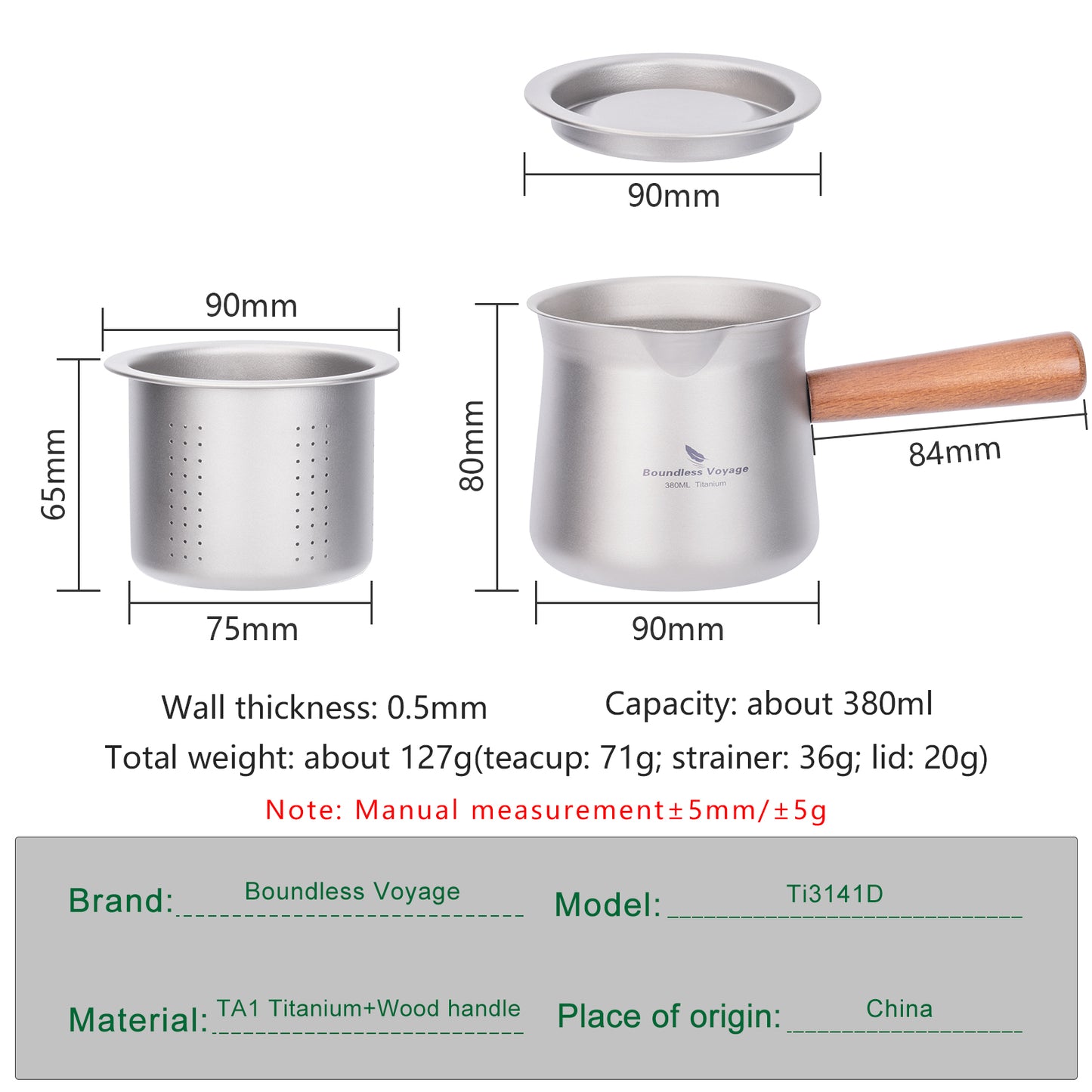 Boundless Voyage 380ml Titanium Tea Cup with Removable Wooden Handle & Filter Strainer, Ultralight Portable Mug Ti3141D