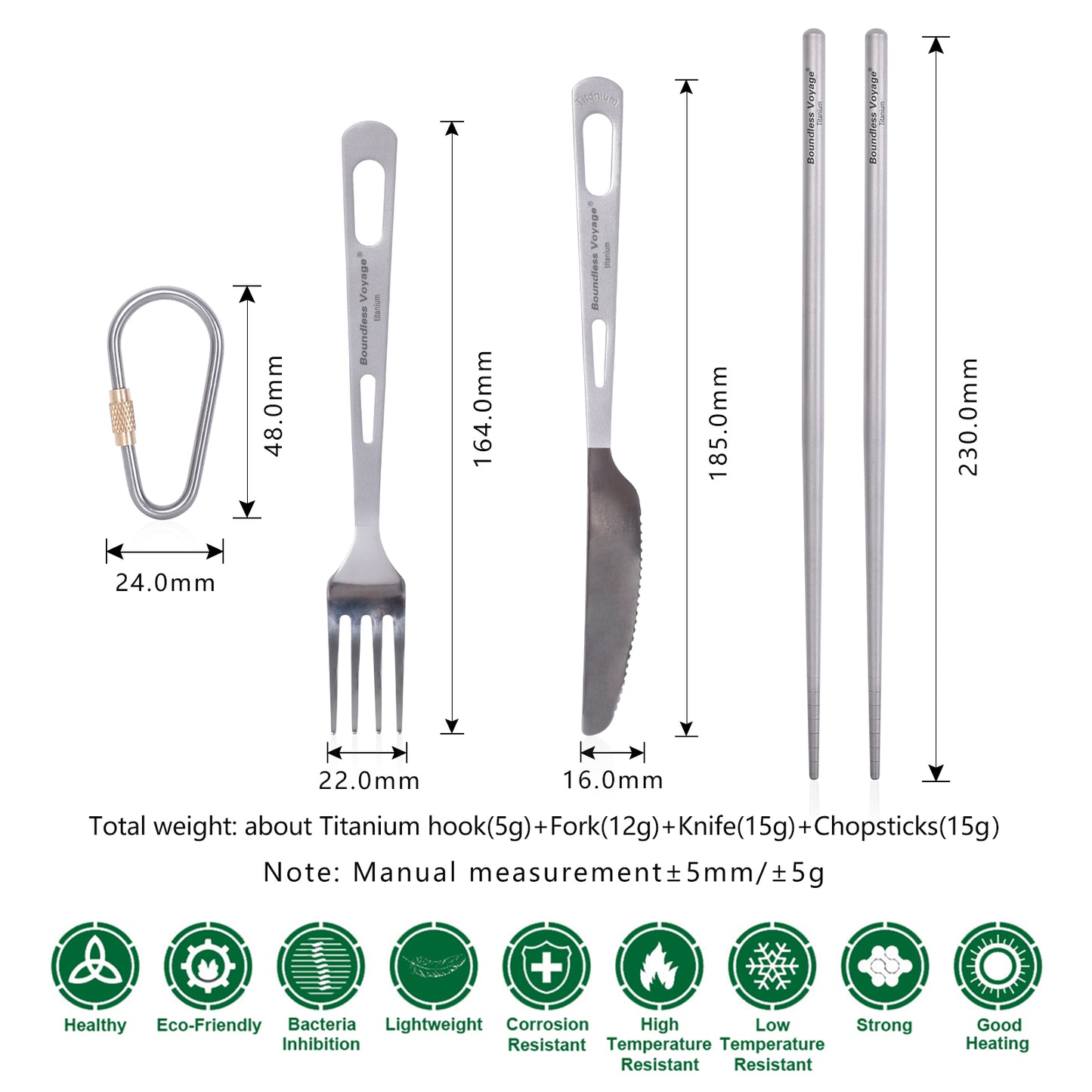 Boundless Voyage Pure Titanium 3‑Piece Cutlery Kit, For Steak, Salad, Noodles, Curry, Backpacking and Home‑Use Ti1049T